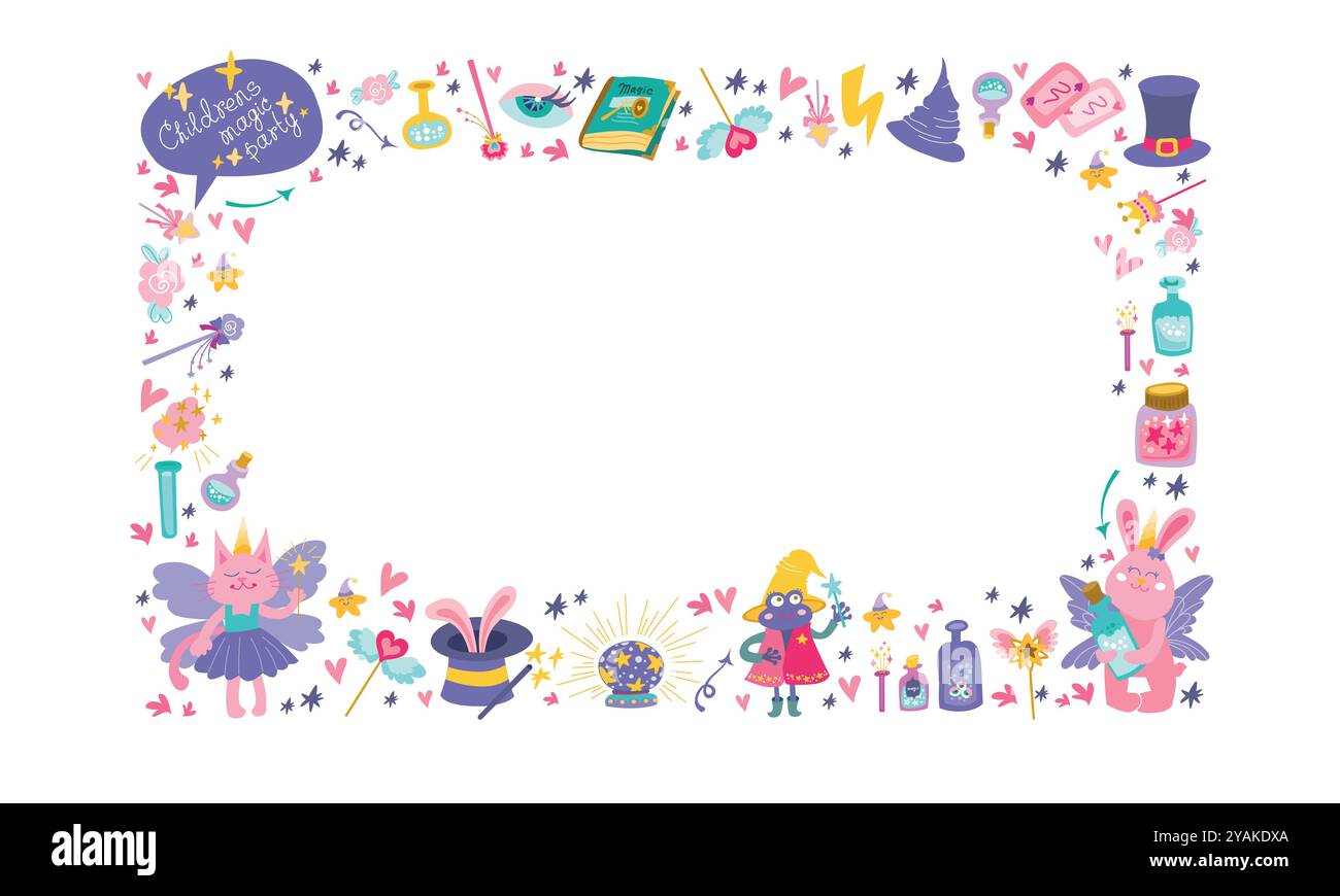 Horizontales Banner auf weißem Hintergrund mit magischem Partyrahmen. Gestell mit bärtiger Katze, Kaninchen und Frosch. Handgezeichnetes Set magischer Tiere und Elemente. Vect Stock Vektor