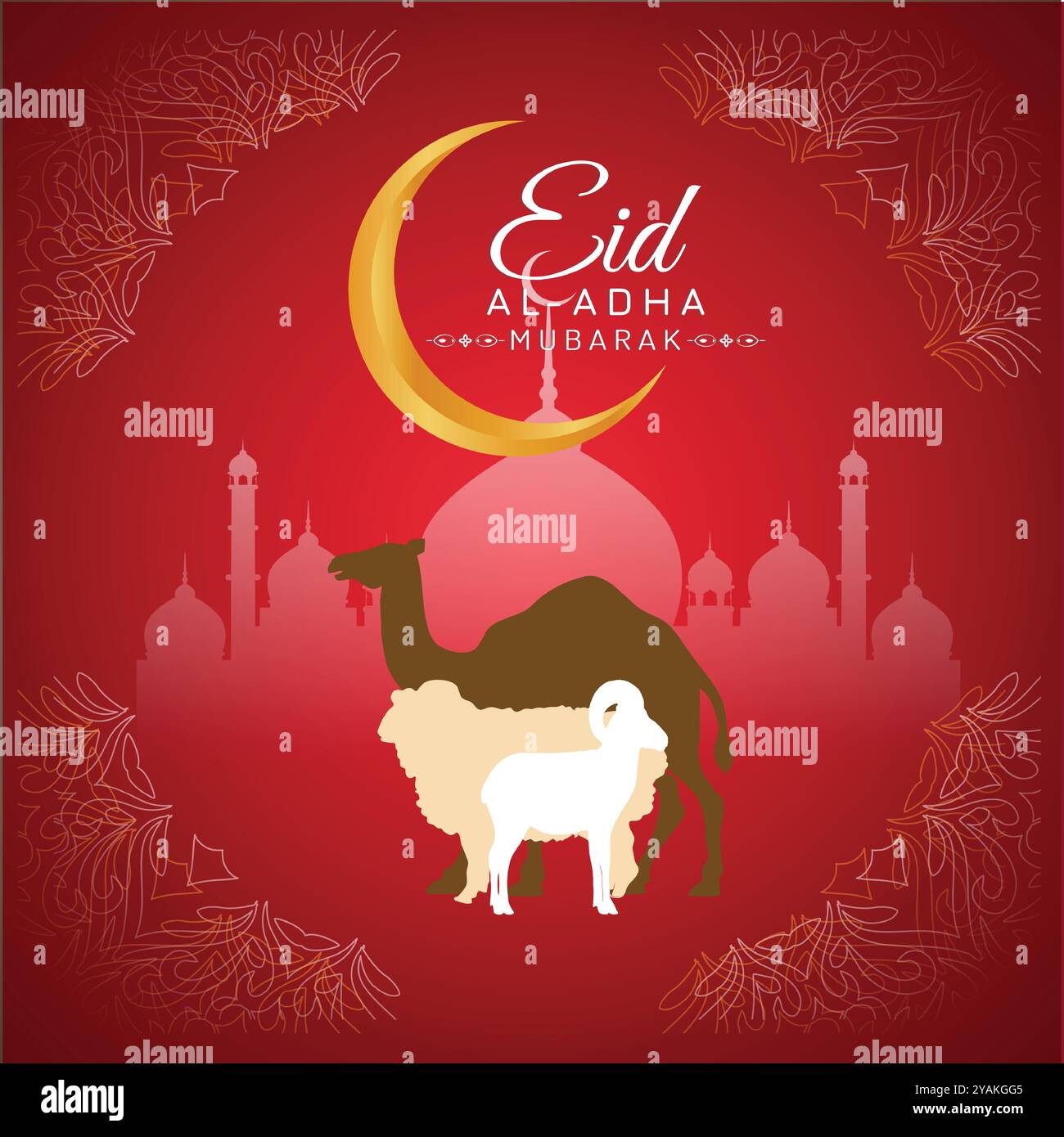 EID ul Adha Banner einzigartiges Design mit Moschee, Bakra Eid Moschee und Ziege, Kamel Stock Vektor