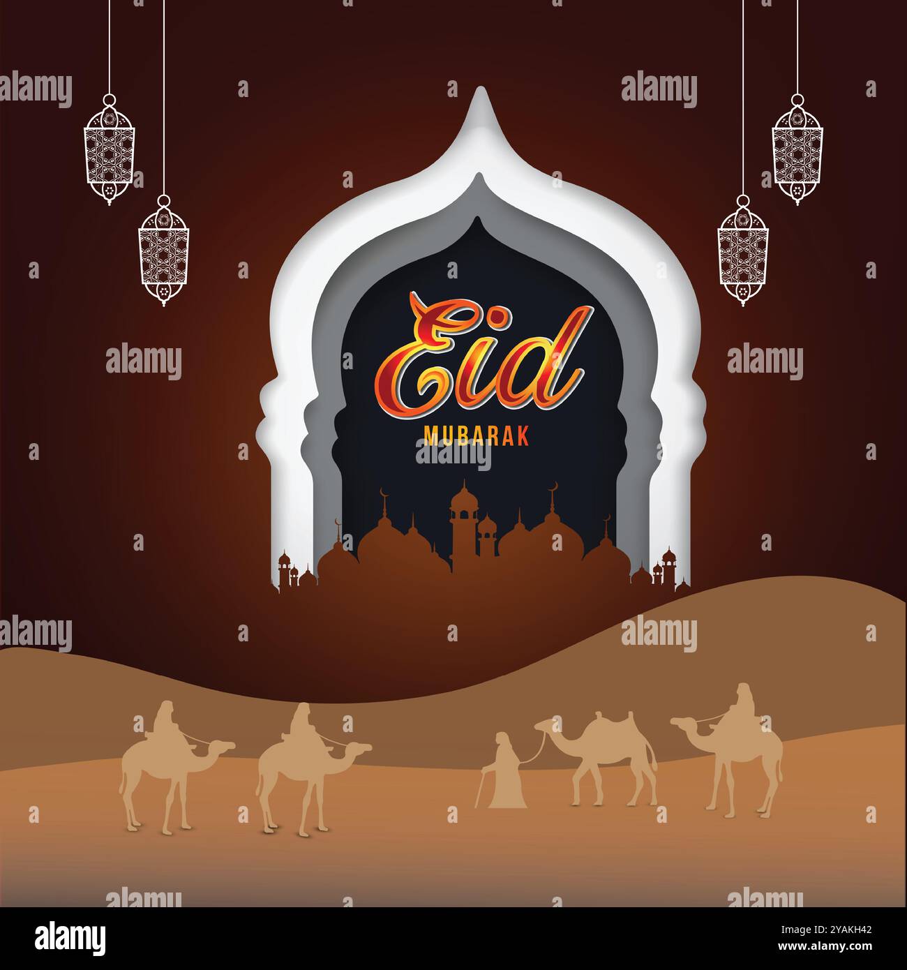EID Mubarak mit einem einzigartigen Design dunkelbrauner Hintergrund mit Kamel, Vektor-Kunst Stock Vektor