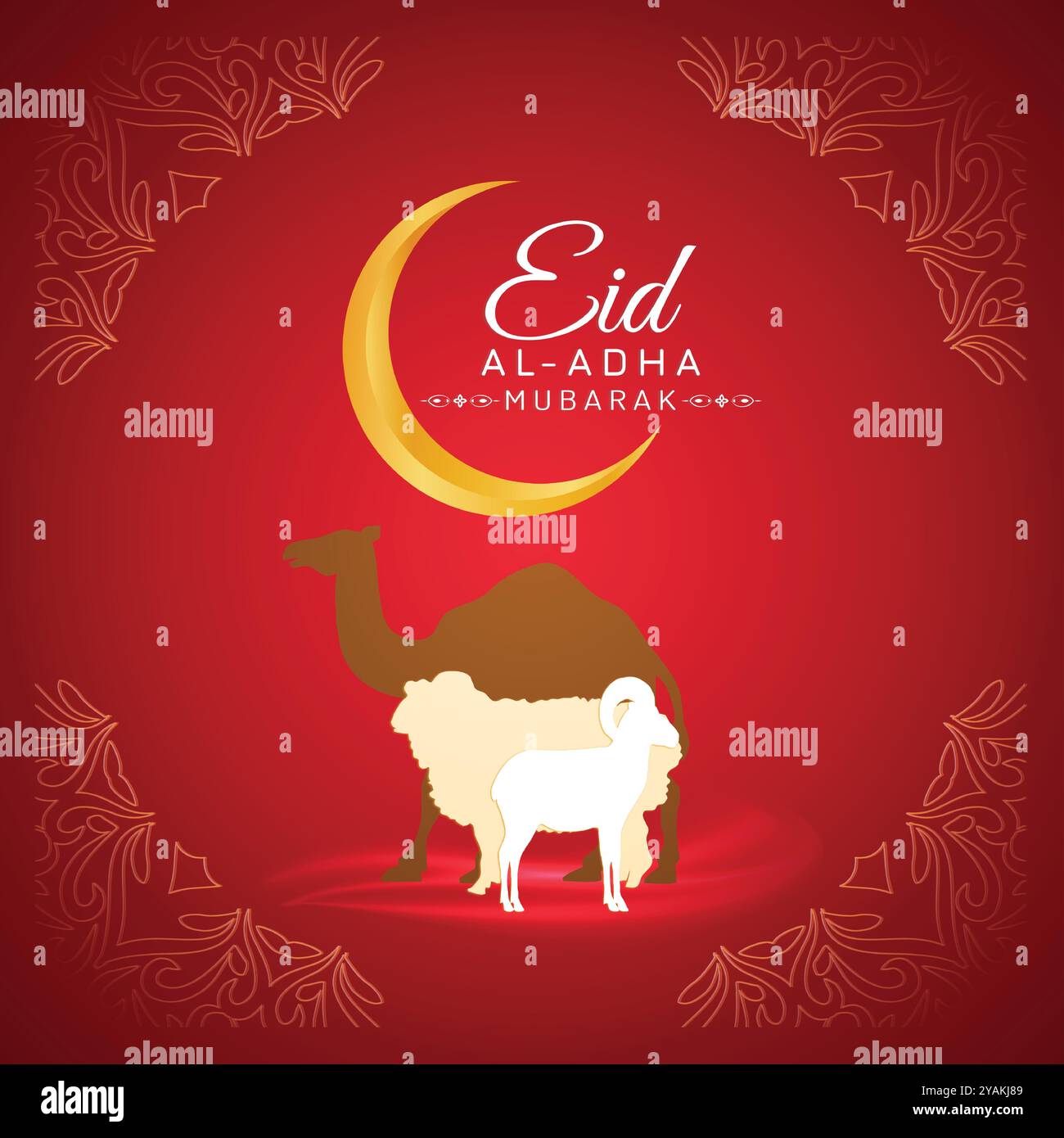 EID ul Adha Banner Unique Design, Bakra Eid Moschee und Ziege, Kamel Stock Vektor
