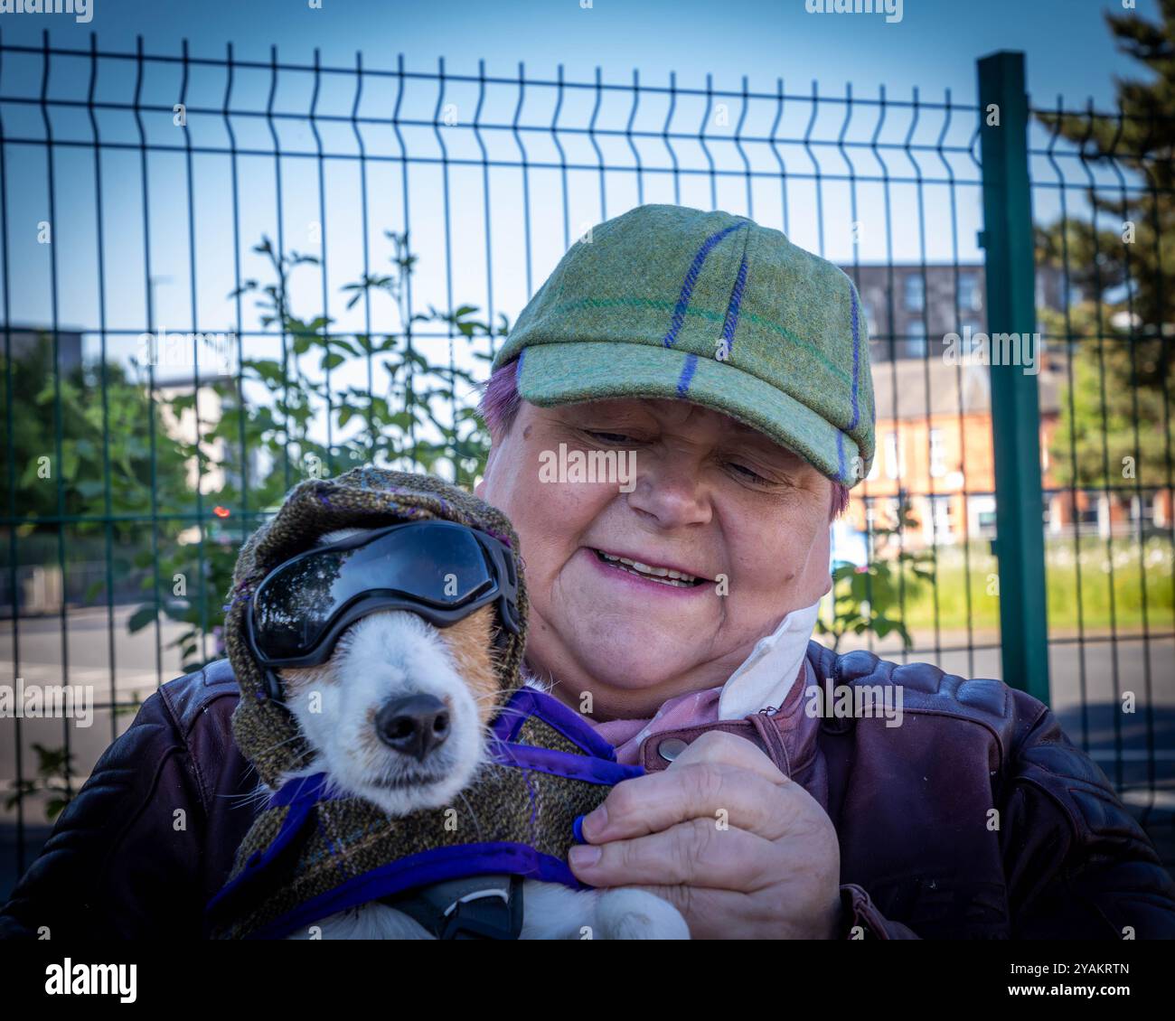 The Distinguished Gentleman's Ride (DGR) 2024. Die Reiterin passt Deerstalkers zu ihrem Jack Russell Stockfoto