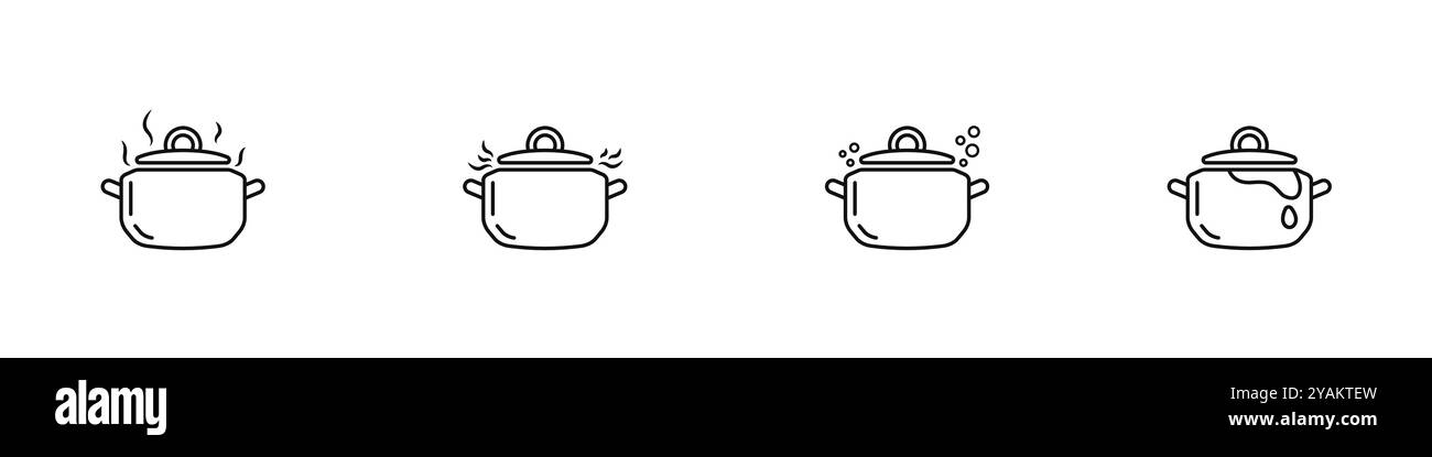 Küchenutensilien lineare Symbole Set. Schwarze lineare Schwenks. Dampfkessel für den Konturvektor von Lebensmitteln. Der Prozess des Siedens in Töpfen Set. Lebensmittelzubereitung b Stock Vektor