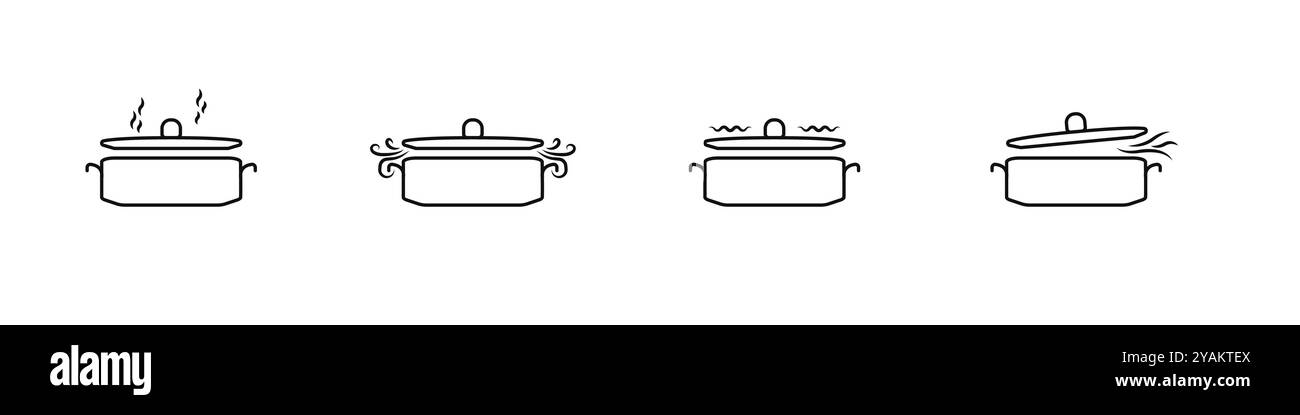 Küchenutensilien lineare Symbole Set. Schwarze lineare Schwenks. Dampfkessel für den Konturvektor von Lebensmitteln. Der Prozess des Siedens in Töpfen Set. Lebensmittelzubereitung b Stock Vektor