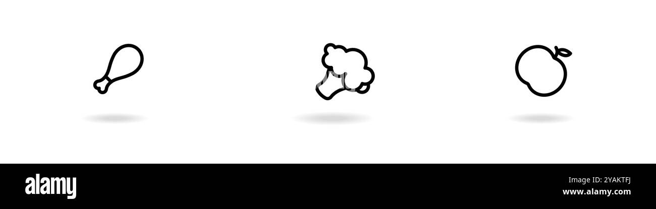 Eine Sammlung von Äpfeln, Brokkoli, Geflügel. Vektorsymbol für Hühnerschenkel. Drei Arten von Lebensmitteln: Obst, Gemüse, Fleisch. Farbbilder von Lebensmitteln. Diätart l Stock Vektor