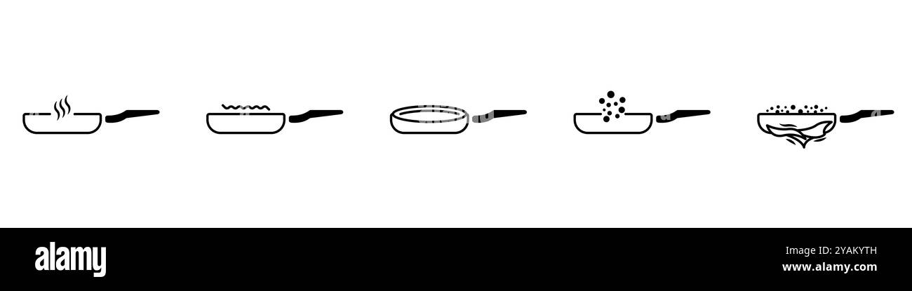 Küchenutensilien lineare Symbole Set. Schwarze lineare Schwenks. Dampfkessel für den Konturvektor von Lebensmitteln. Der Prozess des Siedens in Töpfen Set. Lebensmittelzubereitung b Stock Vektor