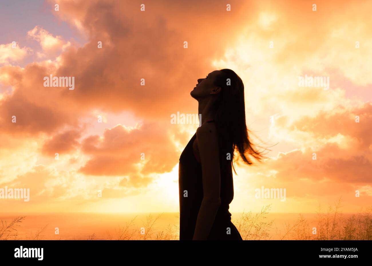 Frau genießt wunderschöne Natur. Meditation, Entspannungskonzept. Stockfoto