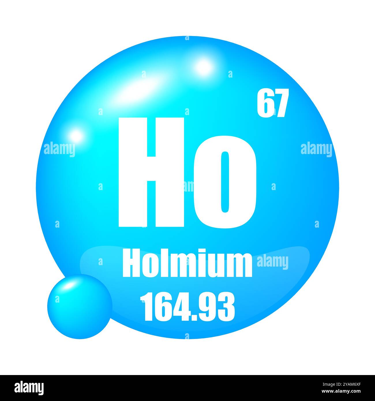 Ho-Symbol. Holmium-Element. Atomzahl 67. Masse 164.93. Blauer Kugelhintergrund. Vektorsymbol. Stock Vektor