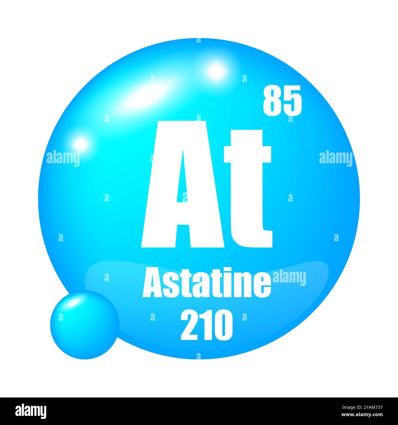 Symbol „Astatine“. Am chemischen Element. Atomzahl 85. Masse 210. Blaues Kugelbild. Stock Vektor