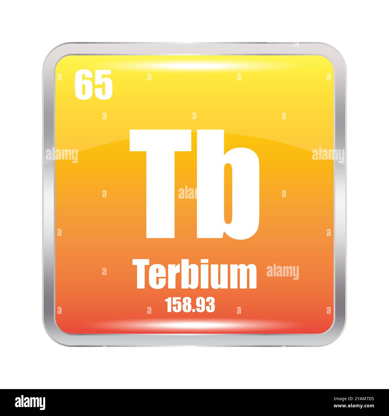 Terbium-Symbol. TB-chemisches Element. Atomzahl 65. Masse 158.93. Gelbes quadratisches Bild. Vektorsymbol. Stock Vektor
