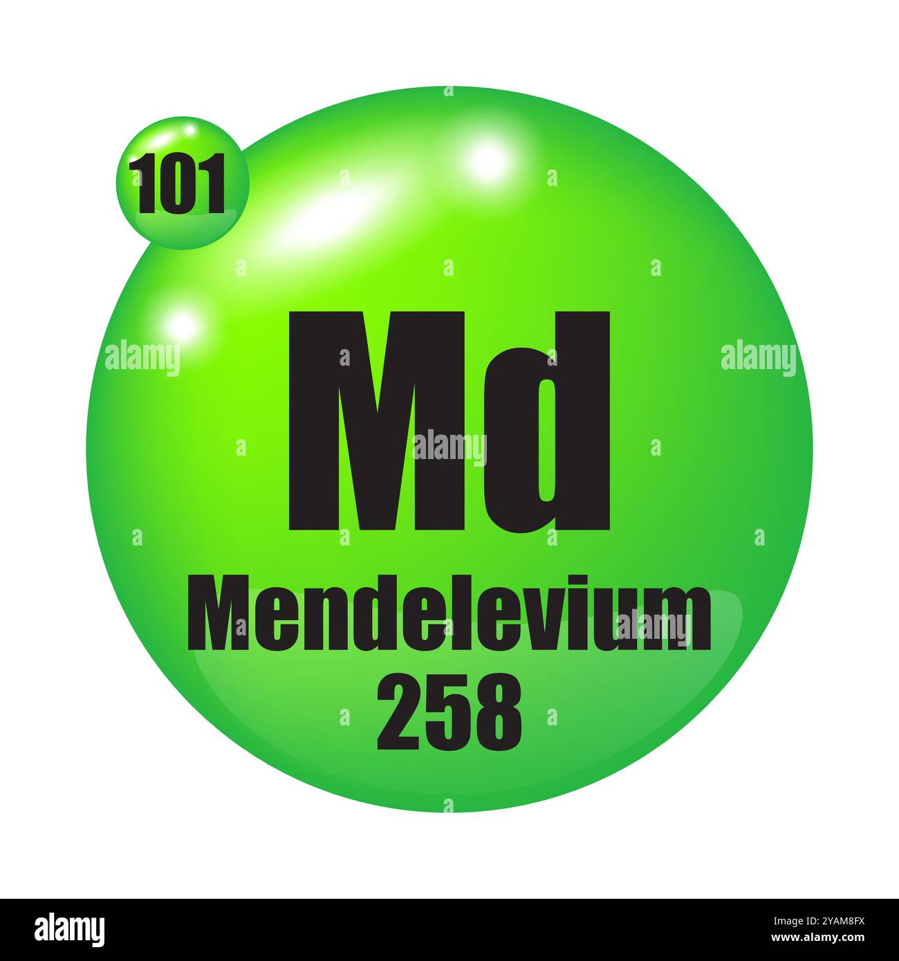 Mendelevium-Symbol. MD-chemisches Element. Atomzahl 101. Masse 258. Grünes Kugelbild. Vektorsymbol. Stock Vektor