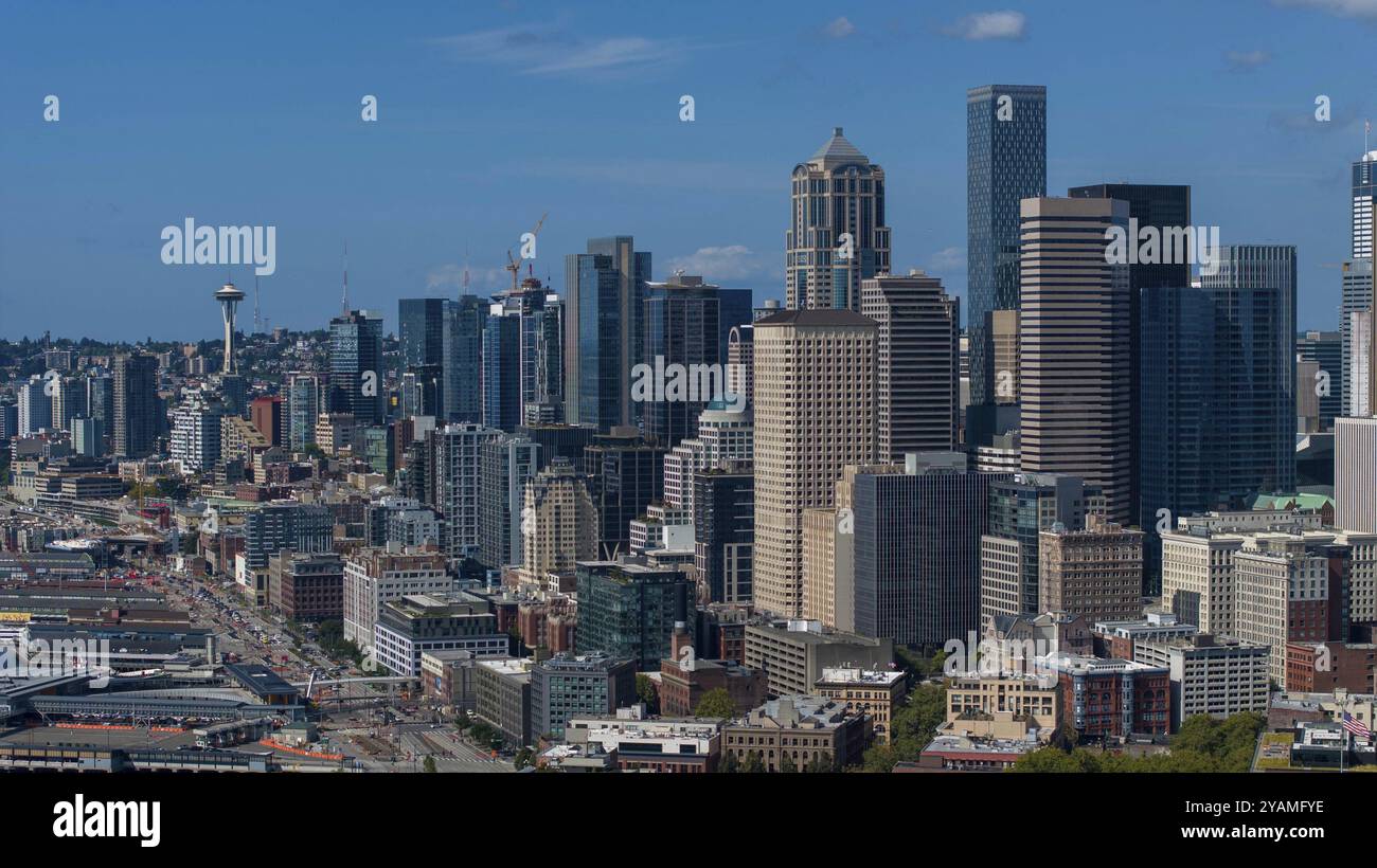 Luftaufnahme von Seattle, Washington. Es ist eine Seehafenstadt an der Westküste der Vereinigten Staaten. Es ist die bevölkerungsreichste Stadt im Bundesstaat was Stockfoto