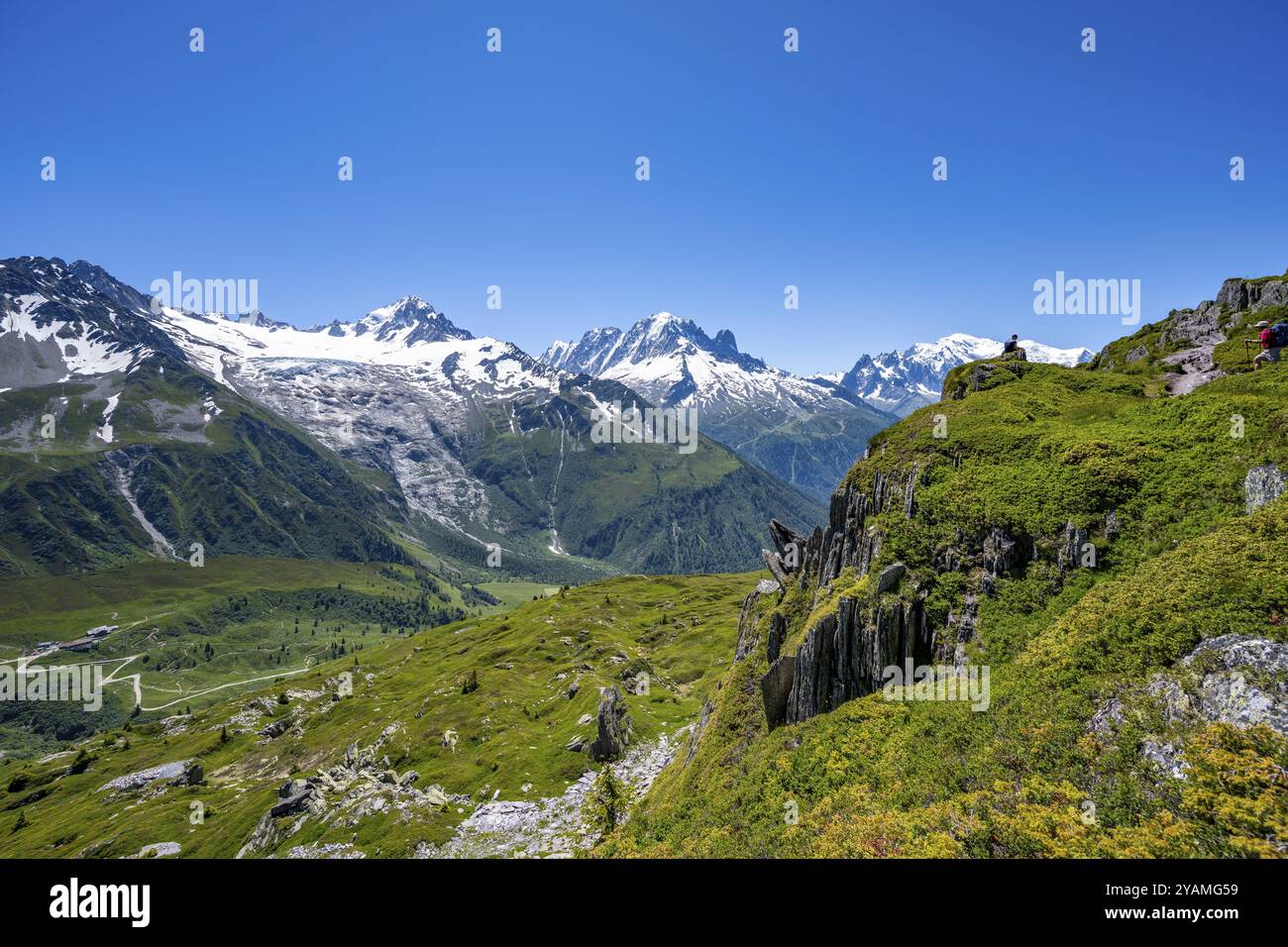 Bergpanorama mit Gletschern, Aiguille Verte und Glacier du Tour, Wanderung nach Aiguillette des Posettes, Chamonix, Haute-Savoie, Frankreich Stockfoto