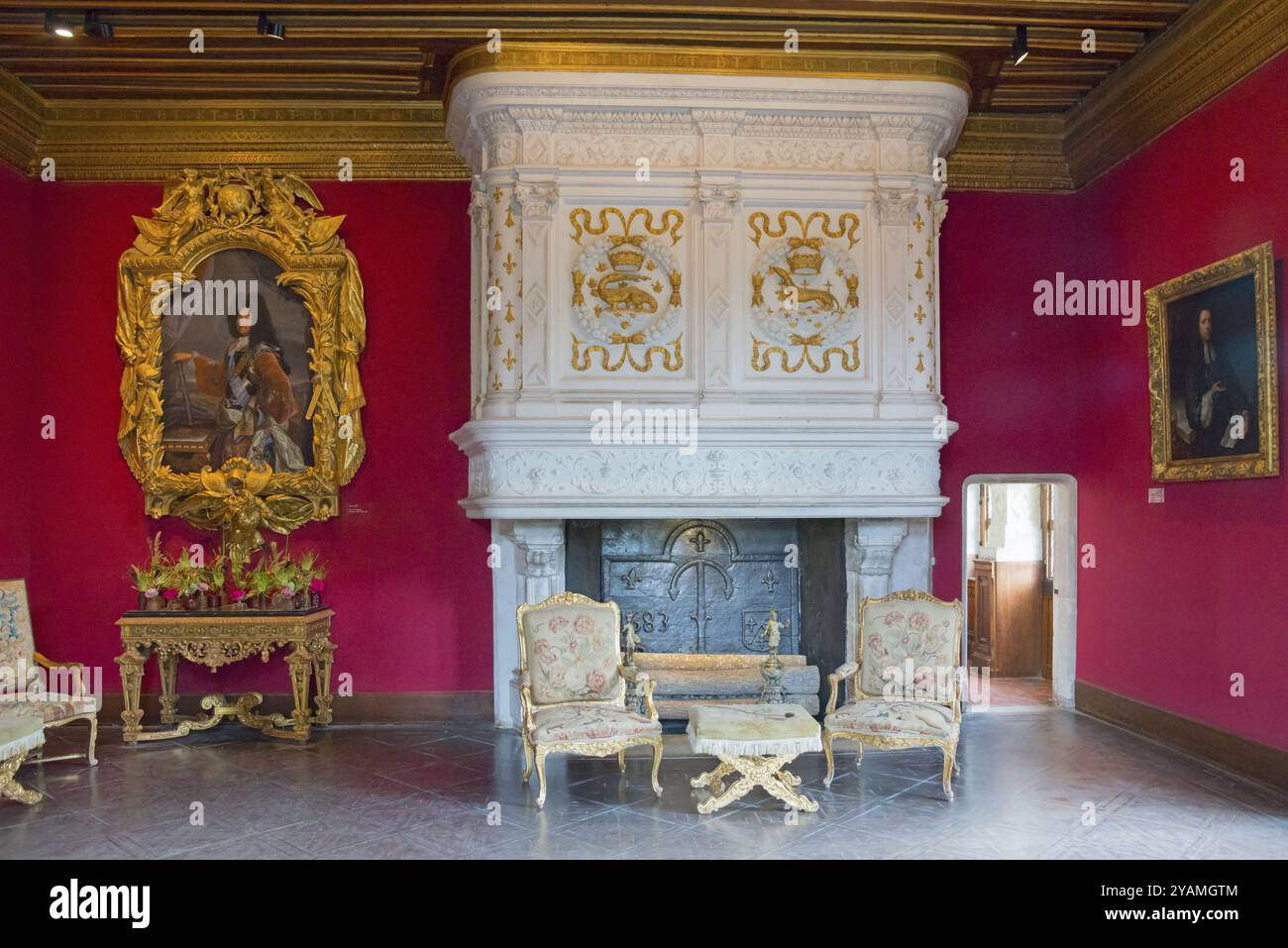 Elegantes Zimmer mit Kamin und gerahmten Gemälden an roten Wänden, Salon Louis XIV Chenonceau Castle, Chateau de Chenonceau, Wasserschloss, Chenonceaux, Stockfoto