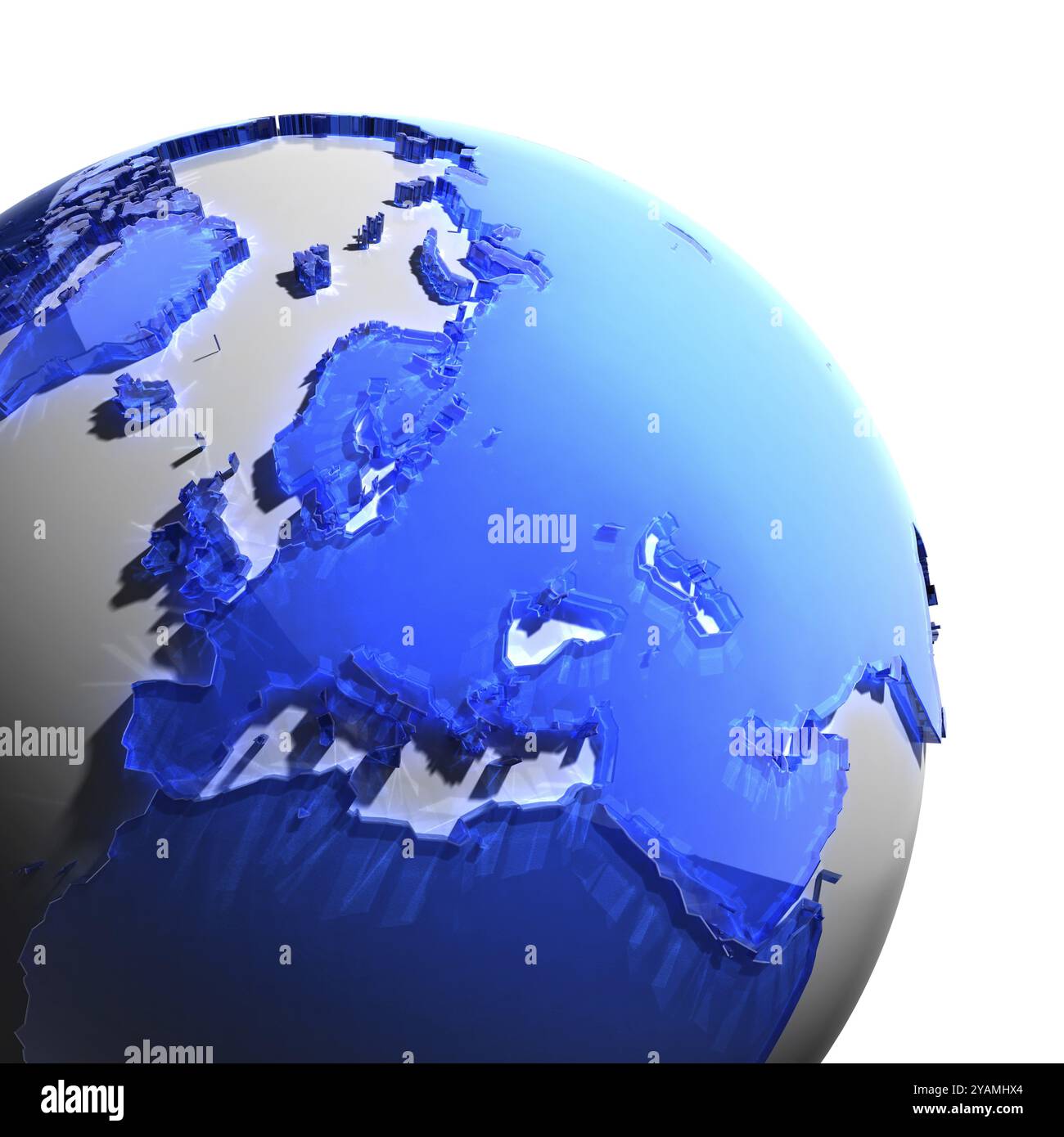 Ein Fragment des Globus mit den Kontinenten aus dickem facettiertem blauem Glas, das auf hartes Licht fällt und einen ätzenden Glanz auf Gesichtern erzeugt. Isoliert auf Wi Stockfoto
