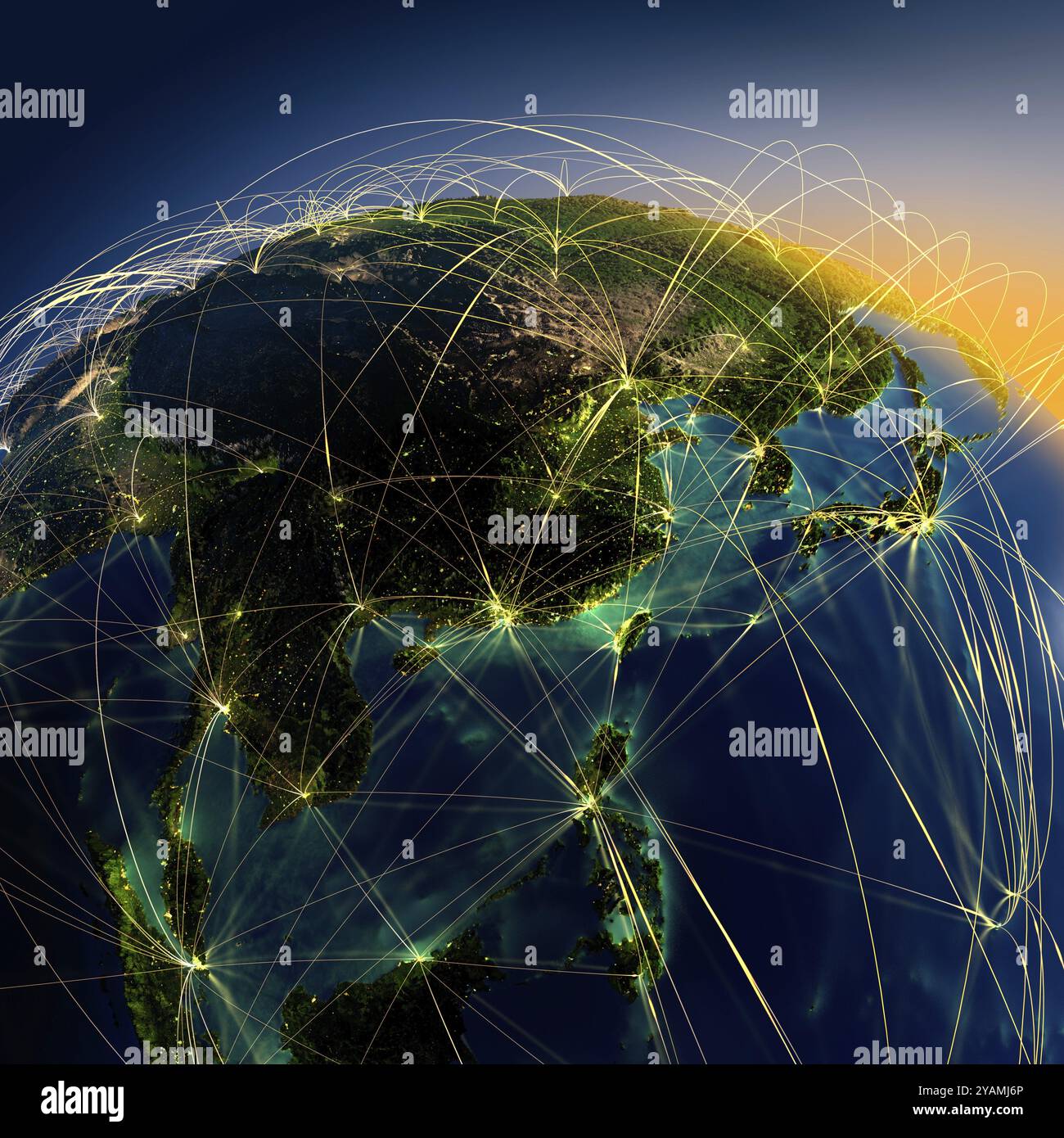 Sehr detailreicher Planet Erde bei Nacht mit geprägten Kontinenten, beleuchtet durch Licht von Städten, durchscheinendem und reflektierendem Ozean. Die Erde ist umgeben Stockfoto