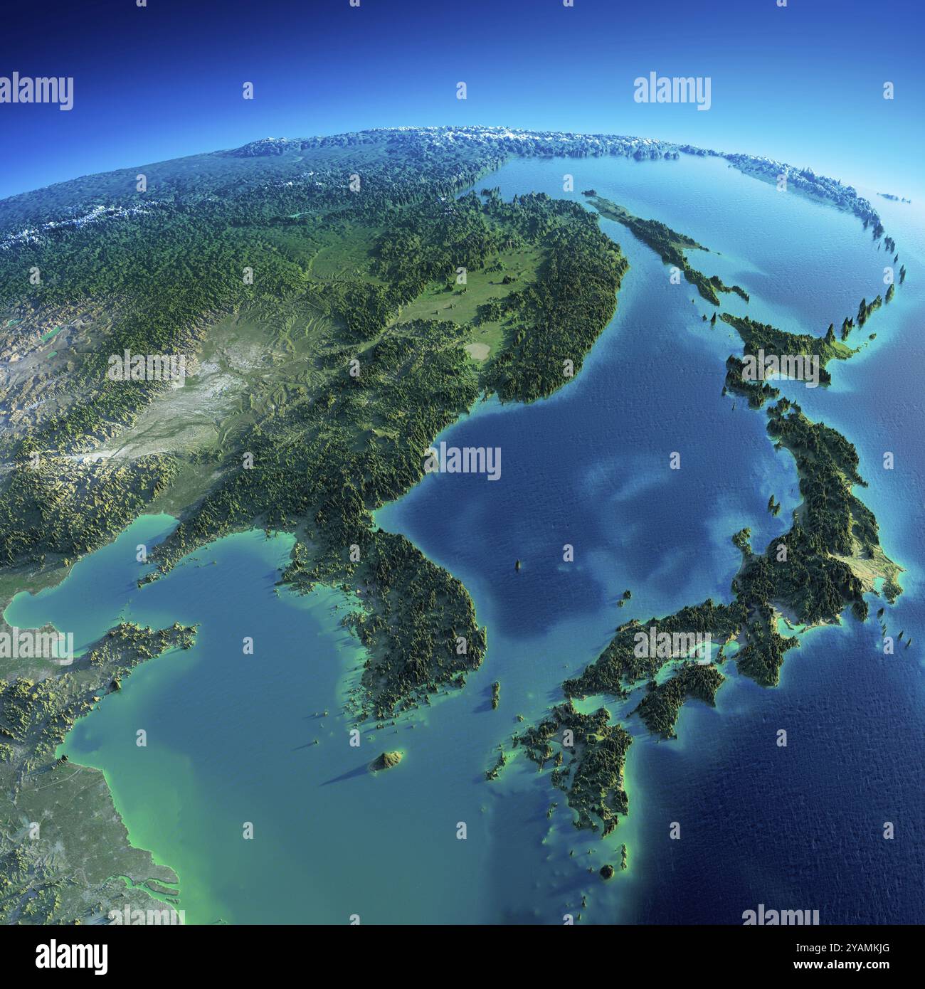 Sehr detaillierter Planet Erde am Morgen. Übertriebene präzise Relief beleuchtete Morgensonne. Detaillierte Erde. Korea und Japan. Elemente dieser Bildöfen Stockfoto
