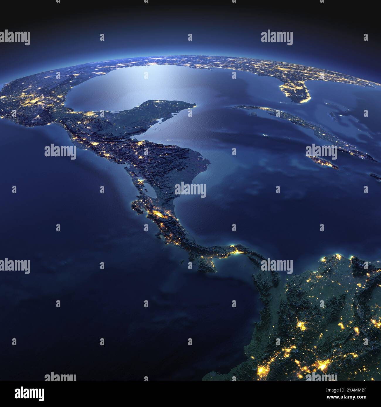 Nachtplanet Erde mit präzisem, detailliertem Relief und Stadtlichtern, die von Mondlicht beleuchtet werden. Die Länder Zentralamerikas. Elemente dieses Bildpelzes Stockfoto