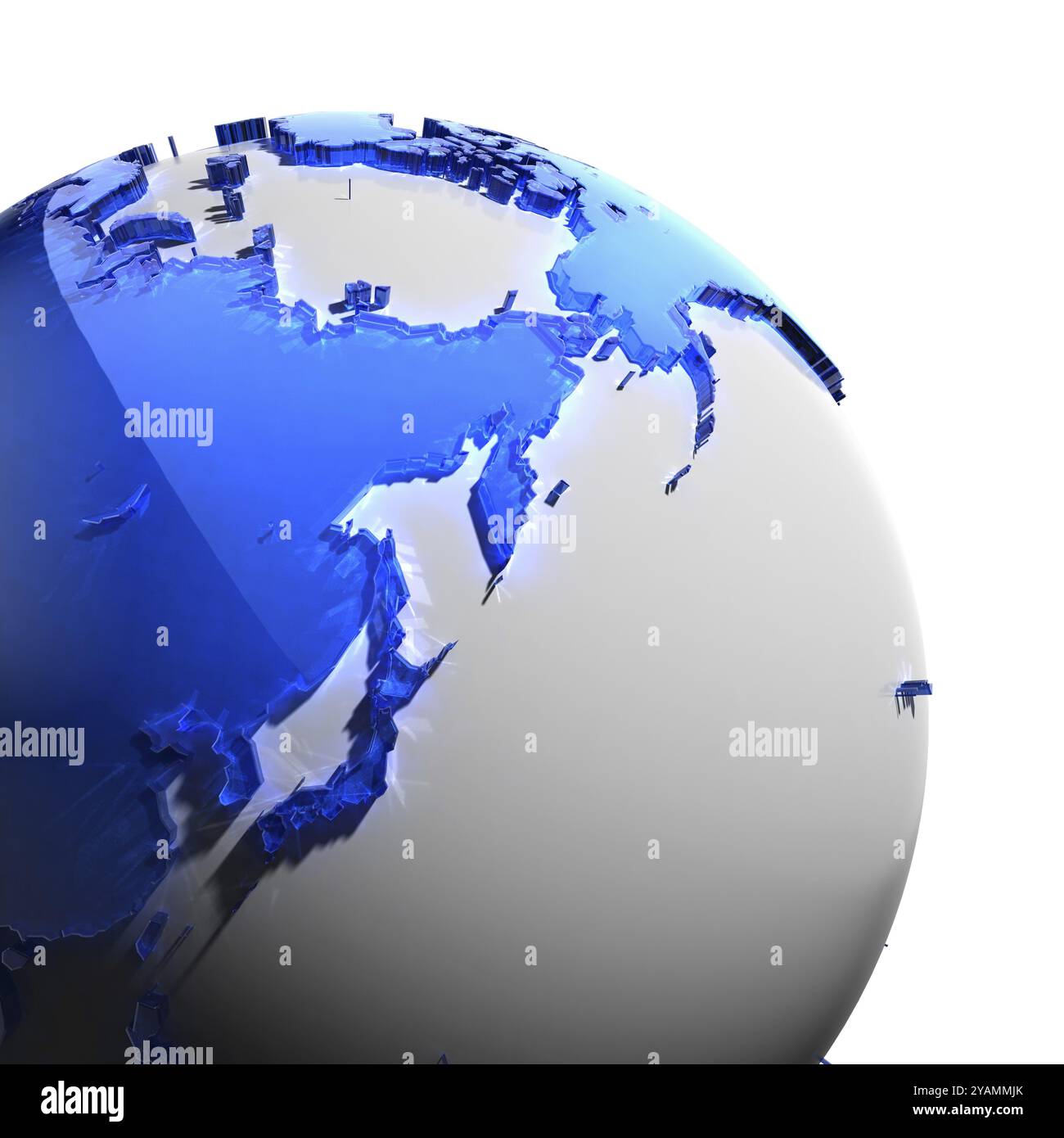 Ein Fragment des Globus mit den Kontinenten aus dickem facettiertem blauem Glas, das auf hartes Licht fällt und einen ätzenden Glanz auf Gesichtern erzeugt. Isoliert auf Wi Stockfoto