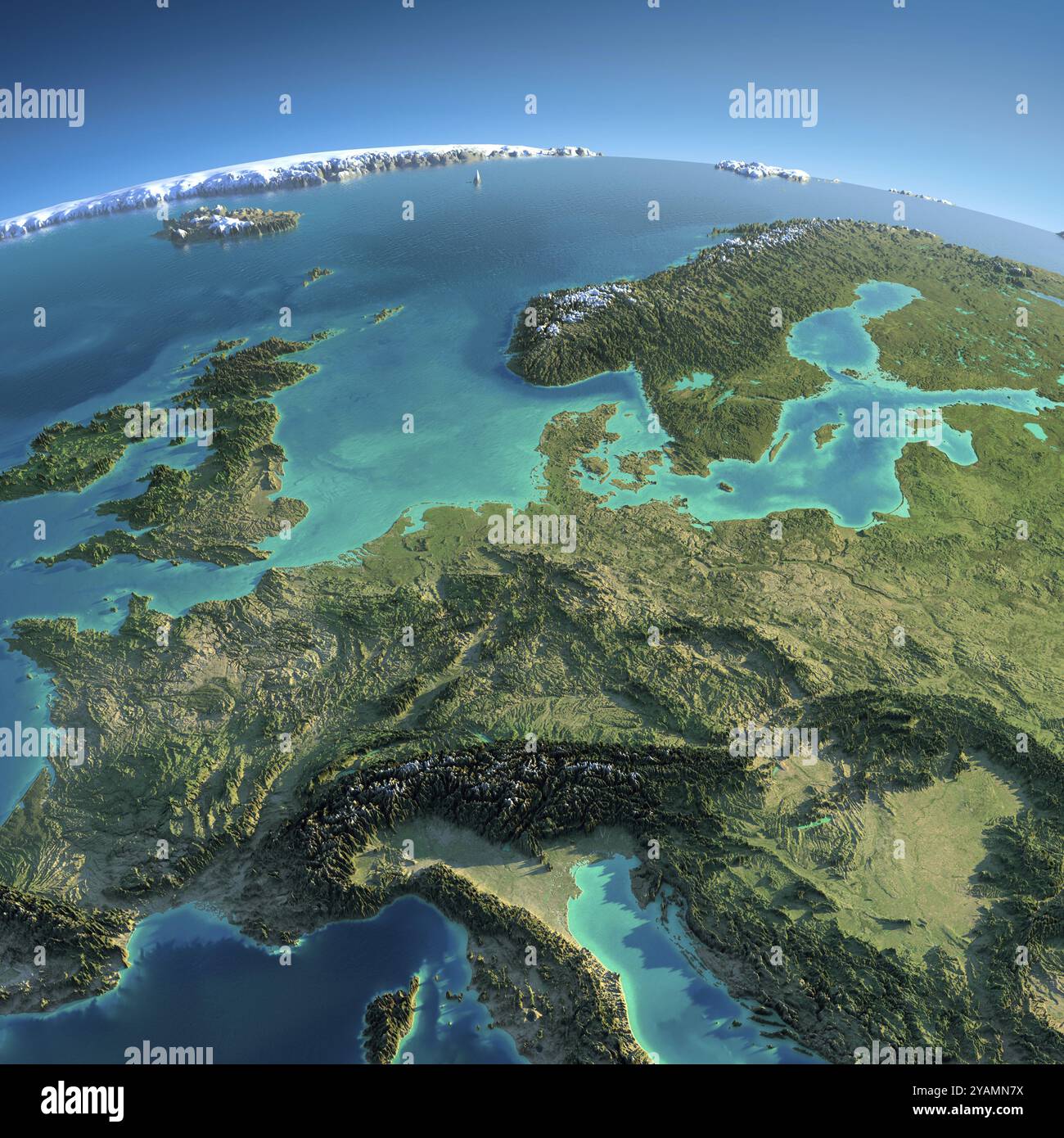 Sehr detaillierter Planet Erde am Morgen. Übertriebene präzise Relief beleuchtete Morgensonne. Detaillierte Erde. Mitteleuropa. Elemente dieser Bildfurnis Stockfoto