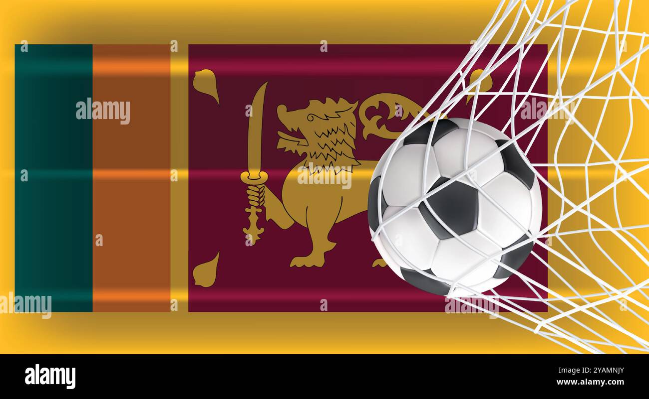 Fußball oder Fußball in Goal Net isoliert auf Sri Lanka Schattierte Flagge, Sportzubehör Ausrüstung für Spiel, Meisterschaft und Wettbewerb Stock Vektor