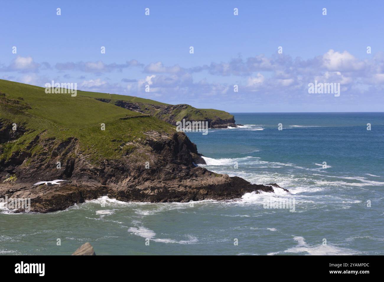 Tintagel Cornish Dintagell oder Tre war Venydh ist ein Dorf an einem zerklüfteten Küstenabschnitt in der Grafschaft Cornwall im äußersten Südwesten Englands. Stockfoto