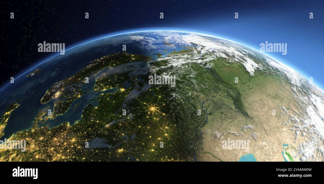 Sehr detaillierte Erde mit Atmosphäre, überzogener Relief und lichtdurchfluteten Städten. Übergang von Nacht zu Tag. Europäischer Teil Russlands. 3D-Renderin Stockfoto