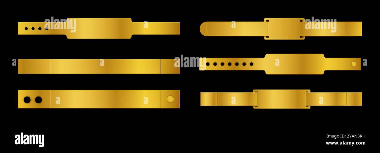 Golden Konzert Festival oder Business Event Eintrittskarte Armband Modell. Realistischer 3D-Vektorsatz aus goldfarbenem Polyester oder Kunststoff Handarmband zur Identifizierung und Aufnahme. Stock Vektor