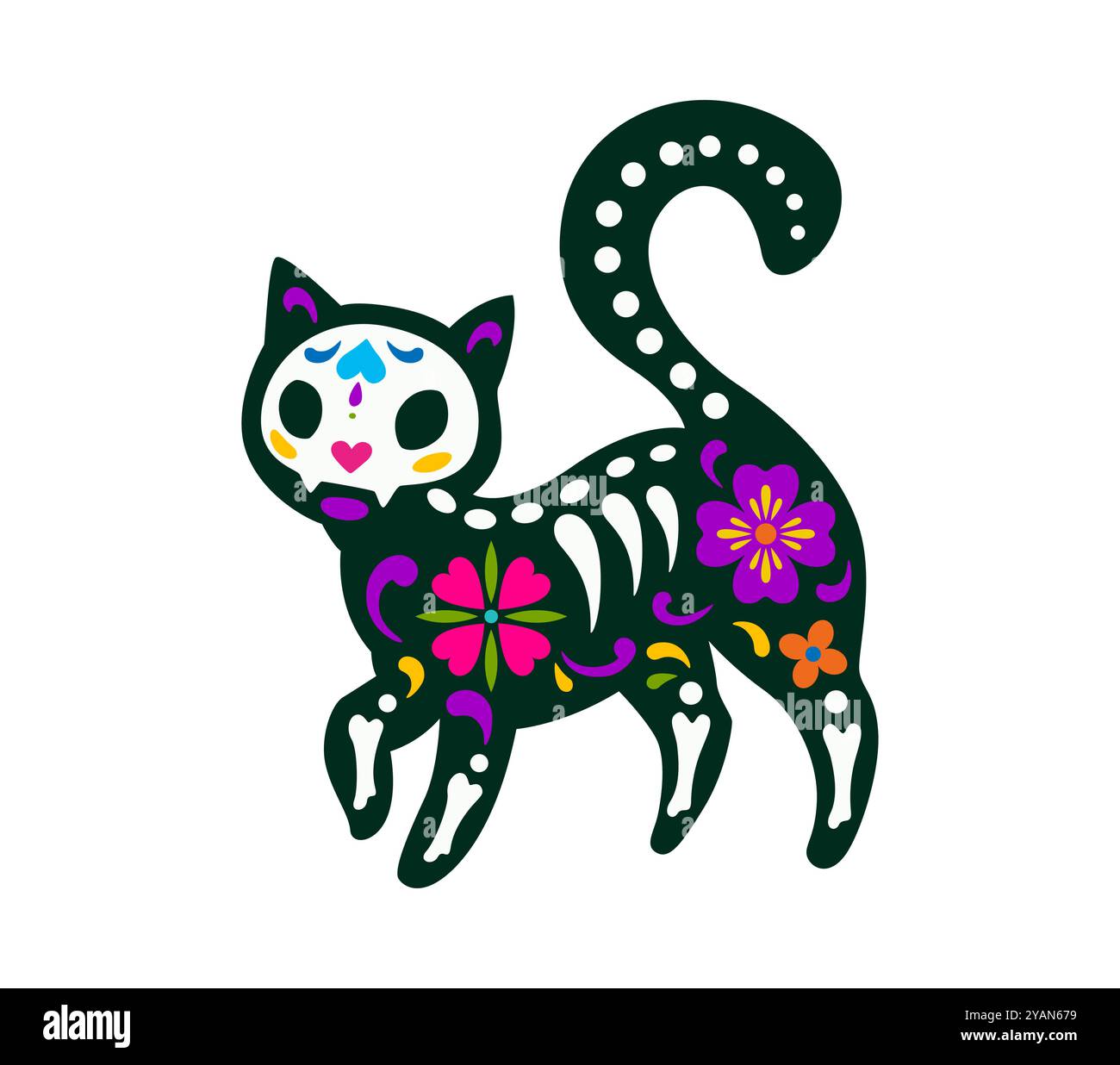 Mexikanischer Tag des toten Katzentiertattoos mit dekorativen Blumenmustern und Skelettknochen. Vector Sugar Skull, inspiriert von der Kultur und Tradition Mexikos, symbolisiert das Gedenken an katzenartige Haustiere Stock Vektor