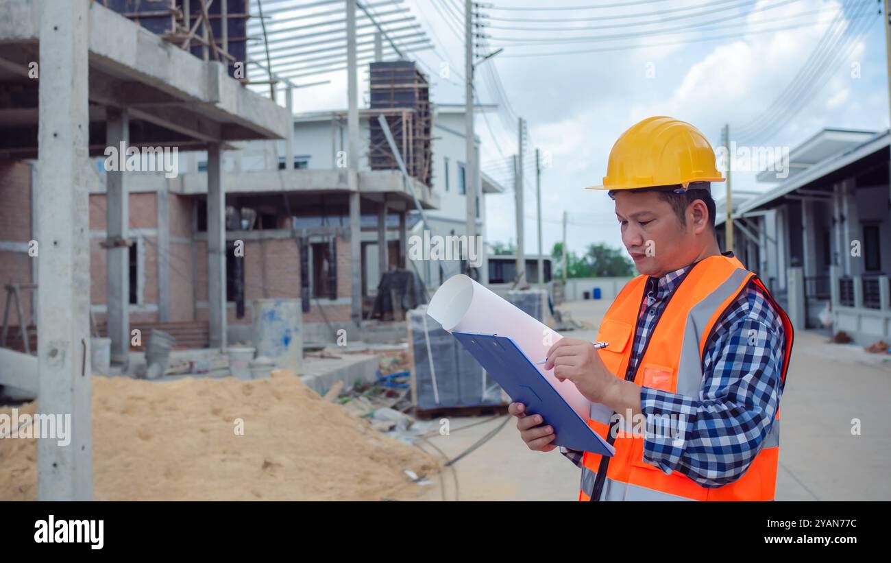 Mann Ingenieur, der vor Ort eines großen Bauprojekts arbeitet, Ingenieure, die ein Bauprojekt halten, arbeiten im Freien, Gebäudeseite mit Bauplänen an einem Werk Stockfoto
