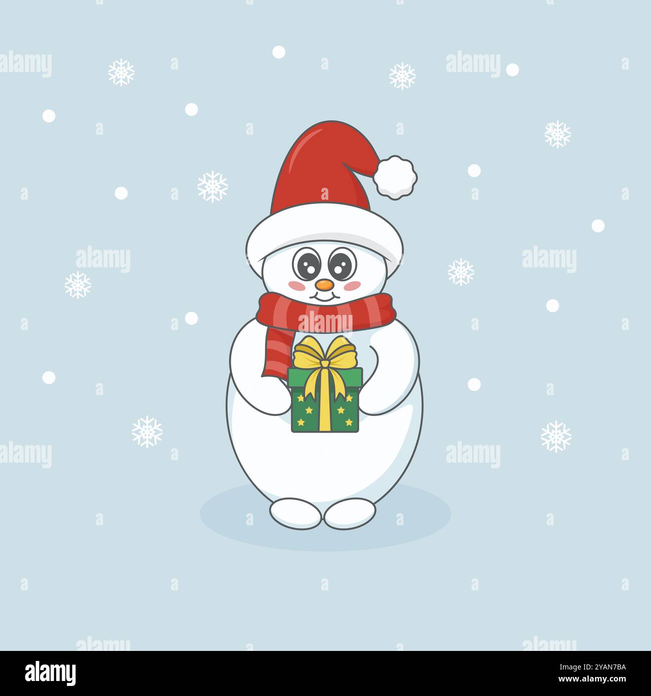 Niedlicher Weihnachtsmann mit Weihnachtsmütze und gestreiftem Schal, hält eine kleine Geschenkbox mit Schleife und Schleife. Vektor-Illustration im Cartoon-Stil. Stock Vektor