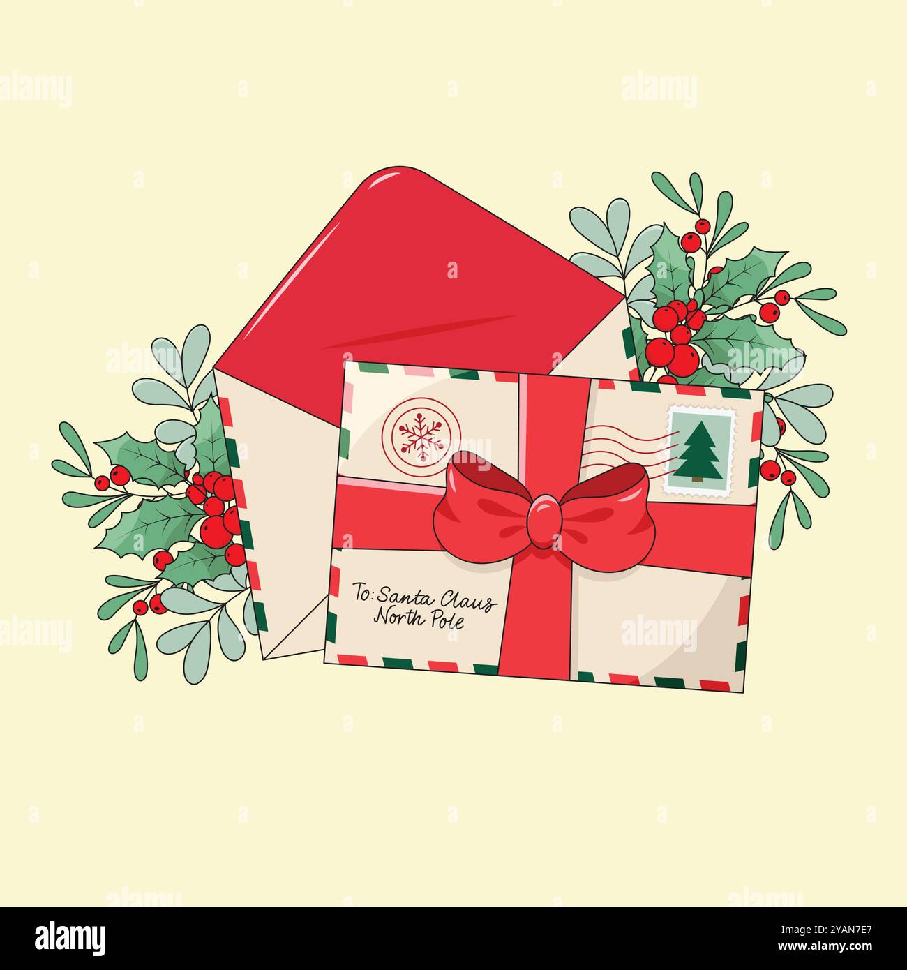 Briefumschläge mit Brief für den Weihnachtsmann mit handgeschriebener Adresse an den Nordpol, Briefmarken und Siegel, verziert mit Band und stechpalmenzweigen. Stock Vektor