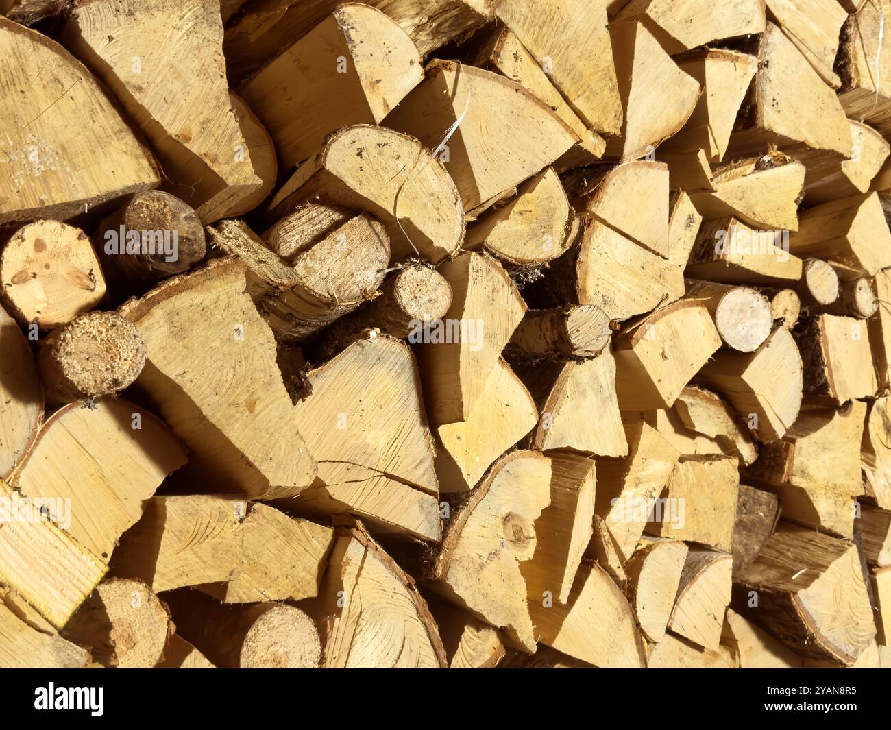 Stapelstapel natürliche gesägte Holzstämme Textur Hintergrund. Hintergrund von Schnittstämmen aus Nahaufnahme Stockfoto