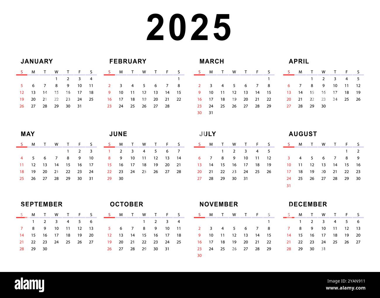 Vorlage für den Monatskalender 2025. Sonntag beginnt. Einfacher Kalender. Vektordesign Stock Vektor