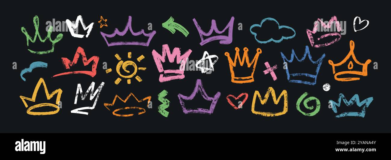 Hand gezeichnete bunte Königskronen isoliert auf schwarzem Hintergrund. Set von Pinselstrichen Prinz Diademen. Grunge Prinzessin Diadem, königliche Königin Kopf Accessoires, Sterne, Punkte, Sonne und wellige Linien im Graffiti Stil Stock Vektor
