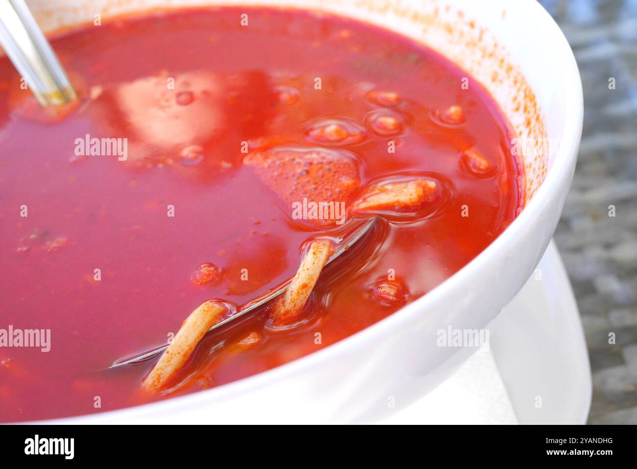 Ungarische Karpfen- und Welsfischsuppe, halaszle, Baja-Stil, in einem Fischrestaurant, Baja, Komitat Bács-Kiskun, Ungarn Stockfoto