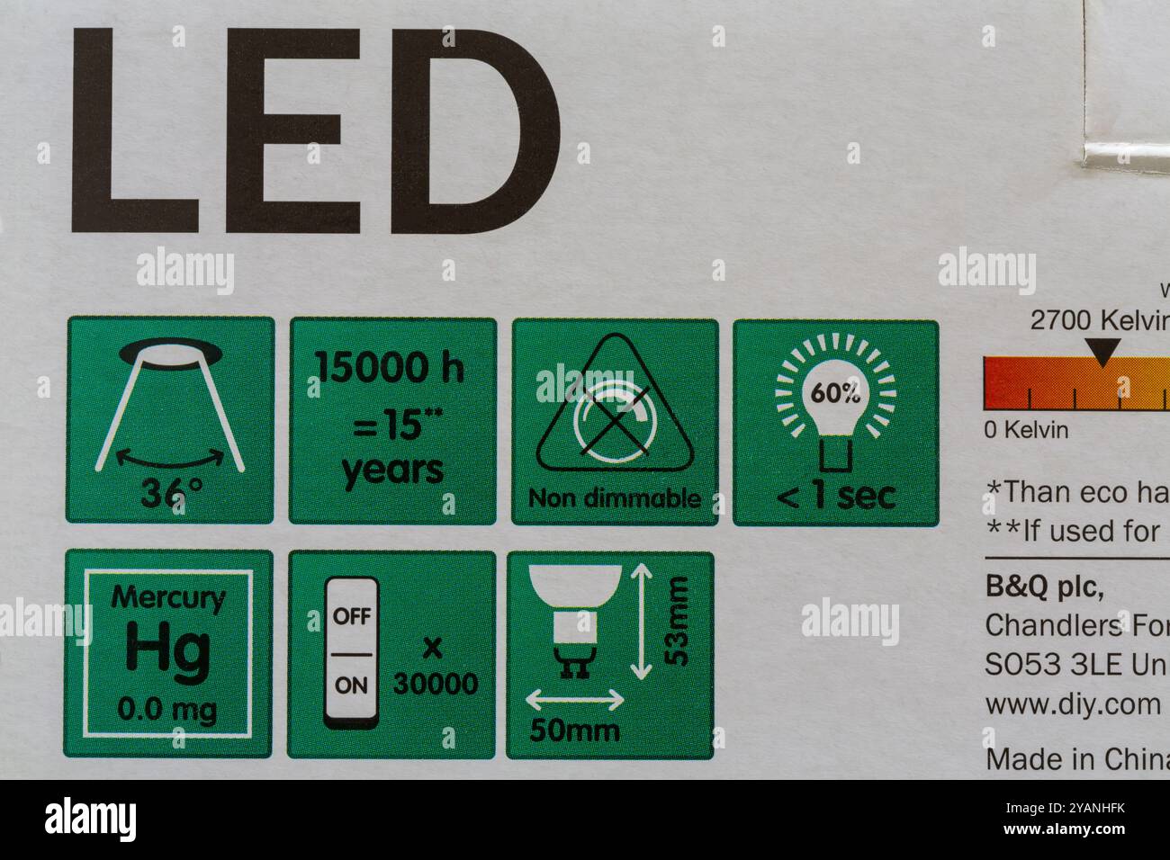 LED-Informationen auf der Verpackung der Diall GU10 LED-Lampe Stockfoto