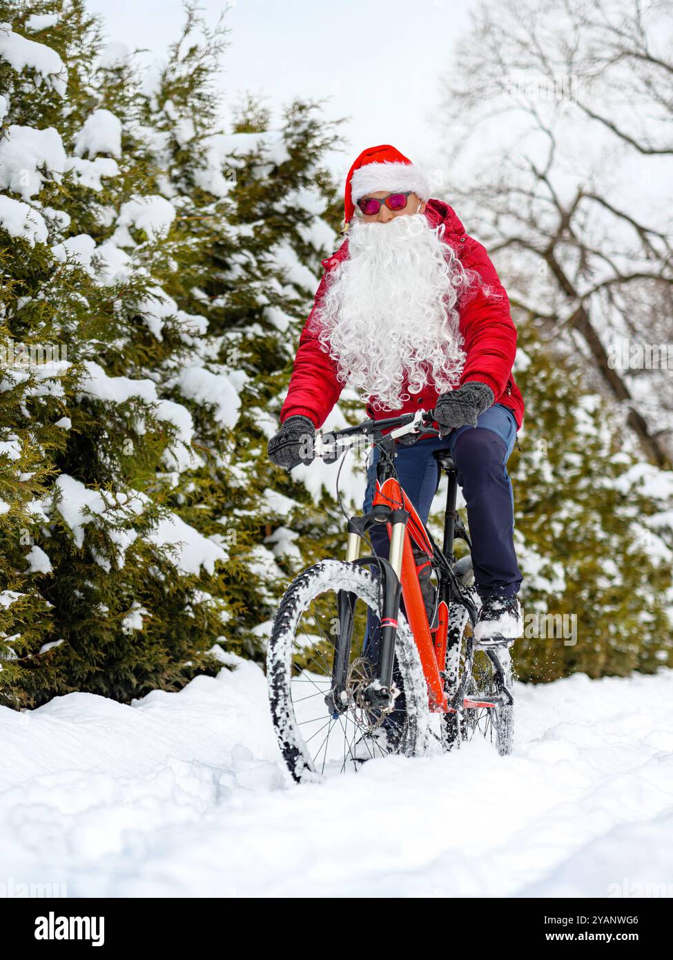 Weihnachtsmann fährt im Winter mit dem Fahrrad in einem verschneiten Park. Ein Typ mit Bart und Weihnachtsmann-Hut fährt mit einem roten Fahrrad im tiefen Schnee. Weihnachten M Stockfoto