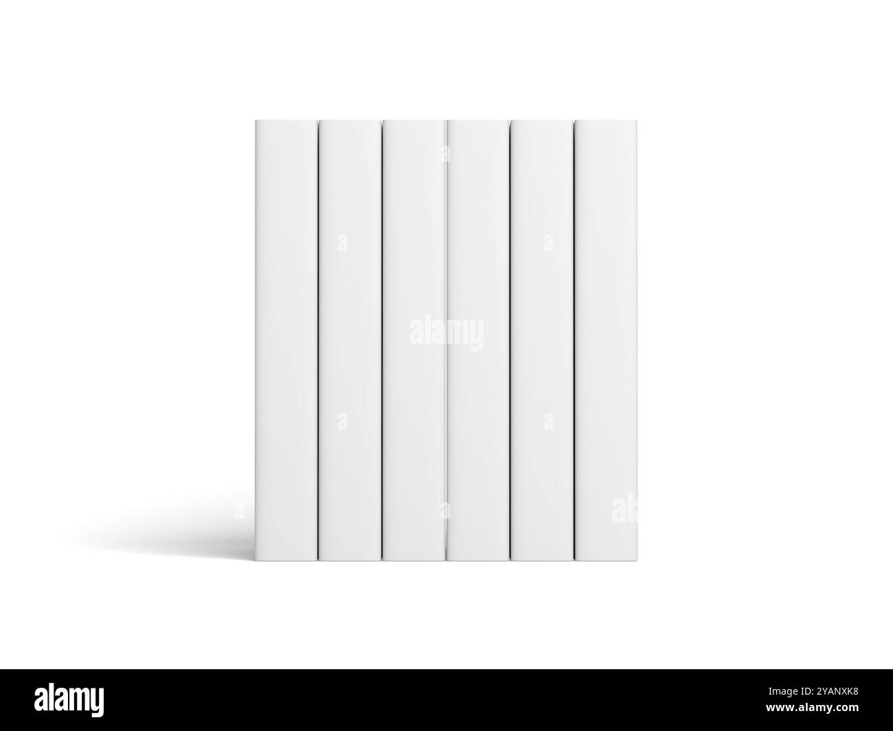 Sechs Bücher isoliert auf weißem Hintergrund. Modell. Leer. Abdeckung. Leitkurve. 3D-Abbildung. Stockfoto