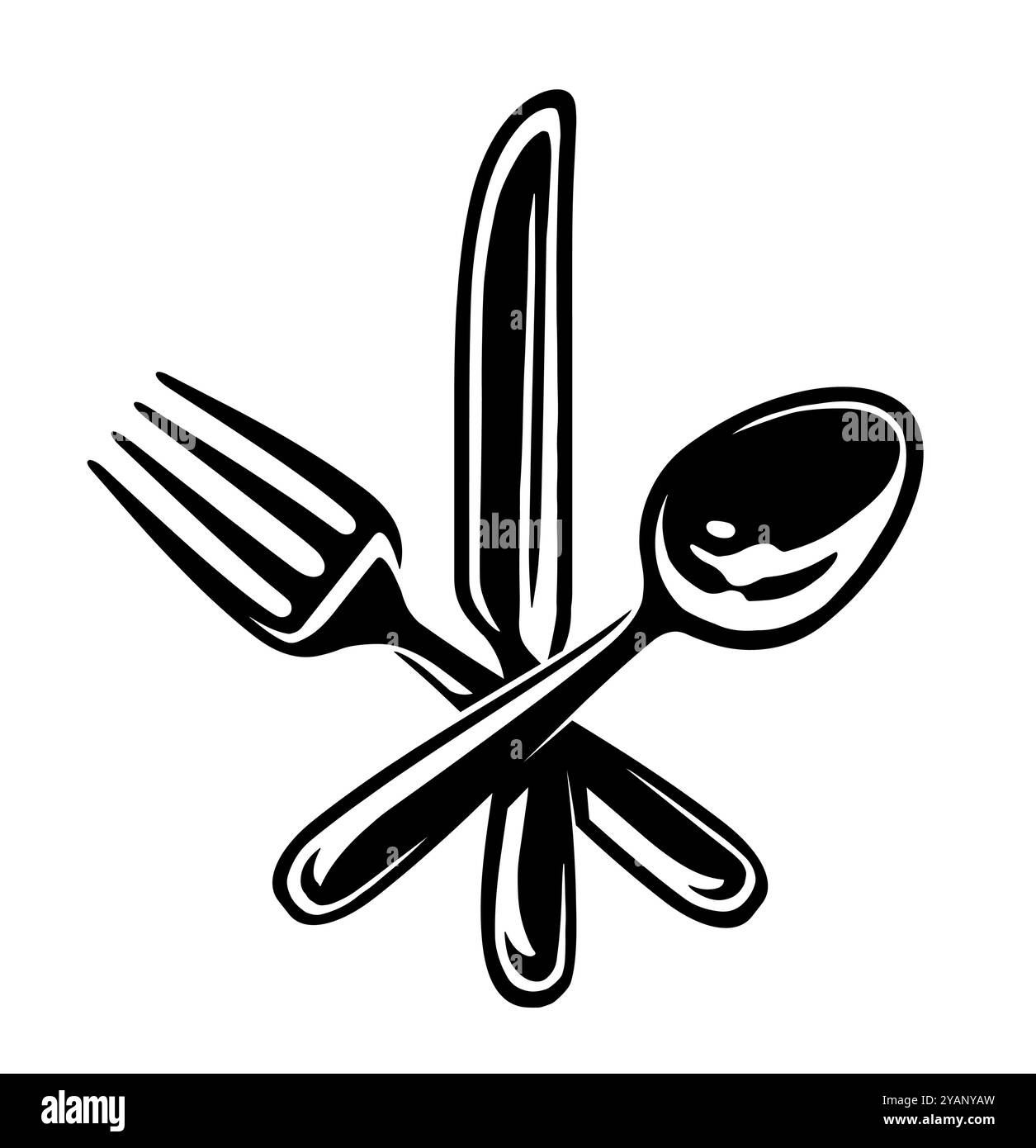 Gekreuztes Messer, Gabel und Löffel für Menü im Restaurant und Restaurant. Bestecksymbol oder Emblem Stock Vektor