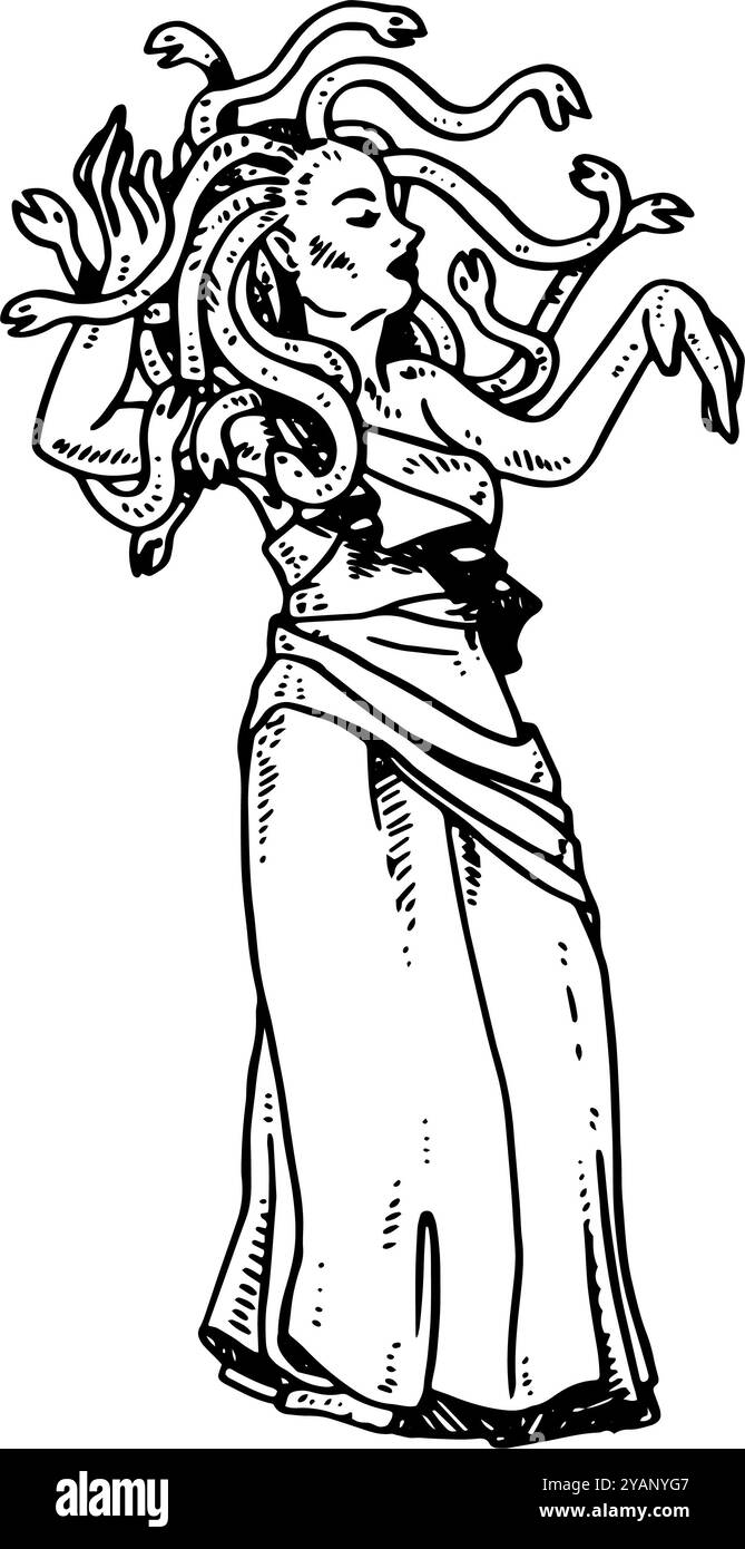 Medusa – handgezeichnete Illustration mythologischer Kreaturen in Schwarz-weiß Stockfoto
