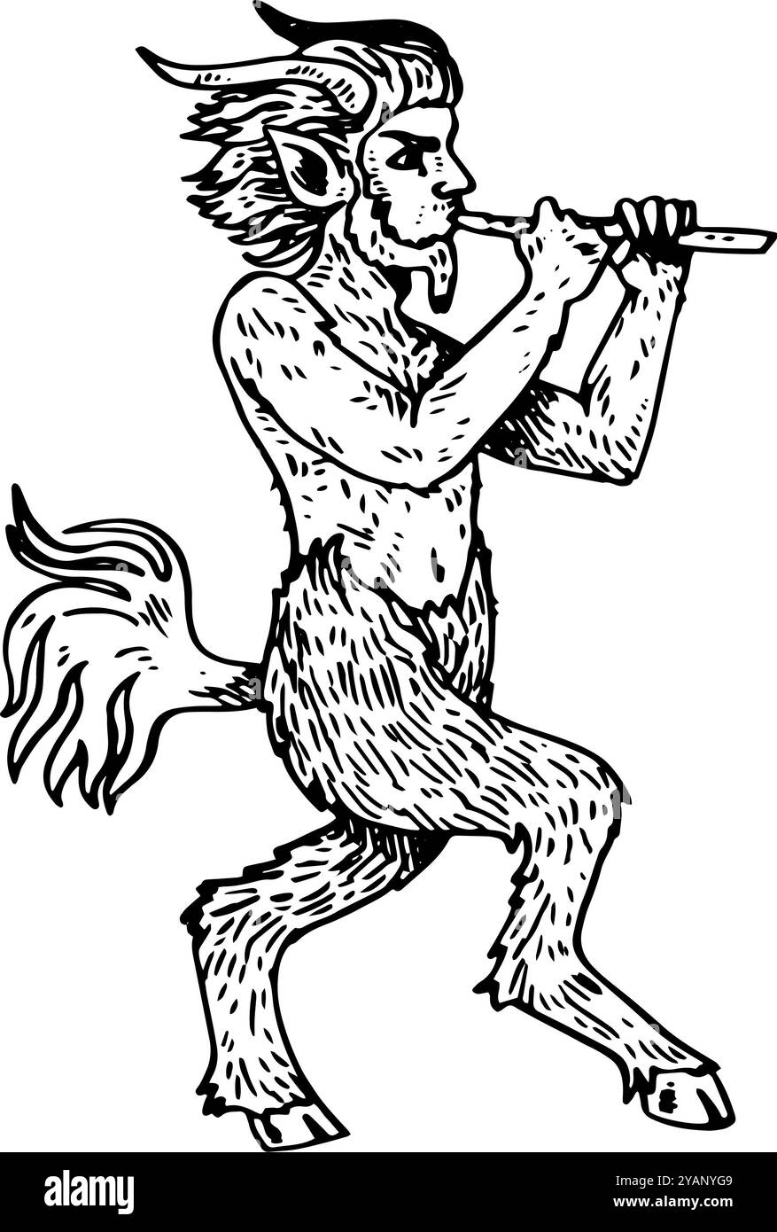 Satyr – handgezeichnete Illustration der mythologischen Bestie in Schwarz-weiß Stockfoto