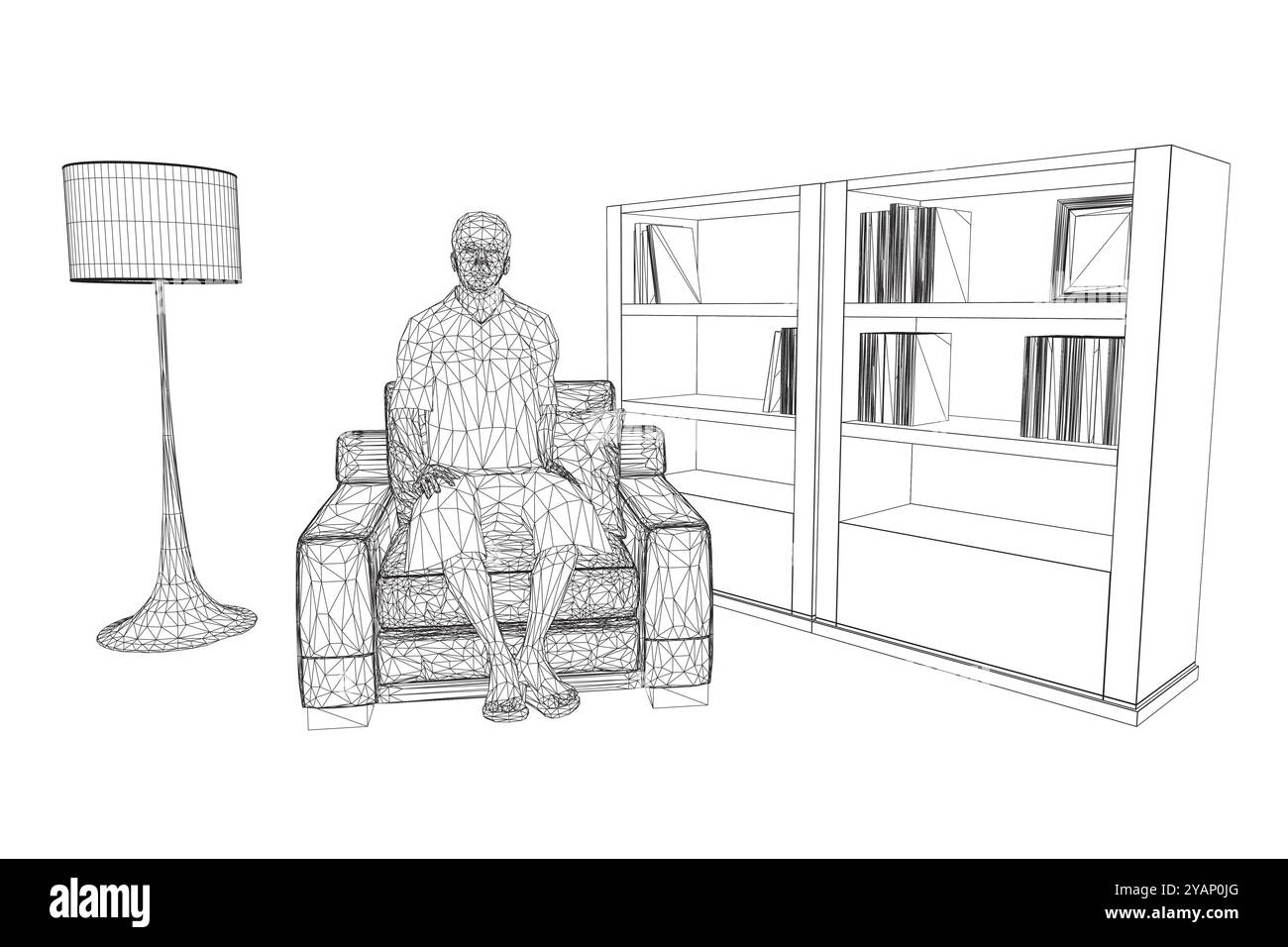 Drahtmodell eines Mannes in Shorts, der auf einem Stuhl neben einem Bücherregal mit Büchern sitzt. Vektorabbildung. 3D Stock Vektor