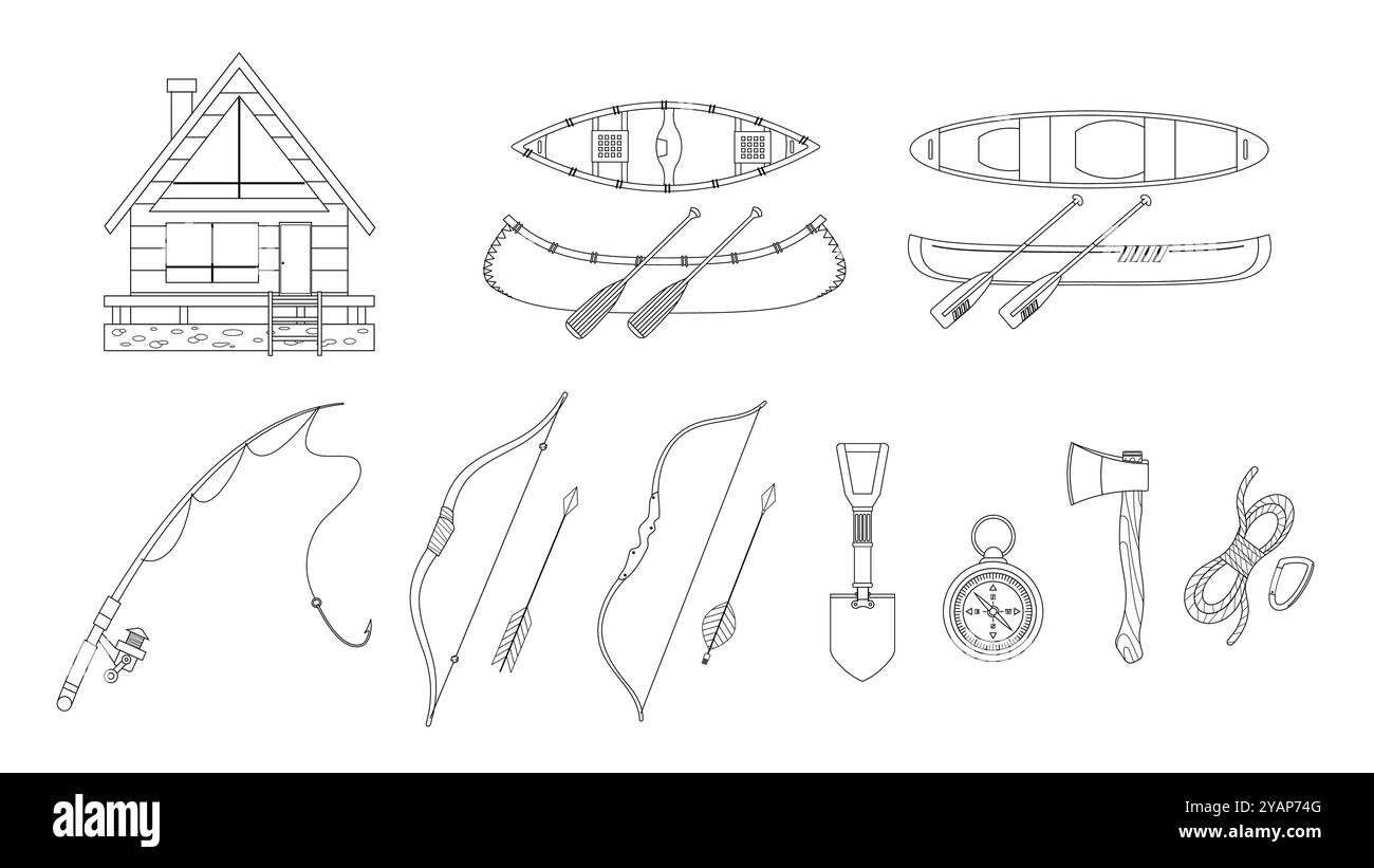 Eine Sammlung von Illustrationselementen mit Holzkabine, Kanu, Angelrute, Bogen und Pfeil sowie anderer Campingausrüstung im Stil Stock Vektor