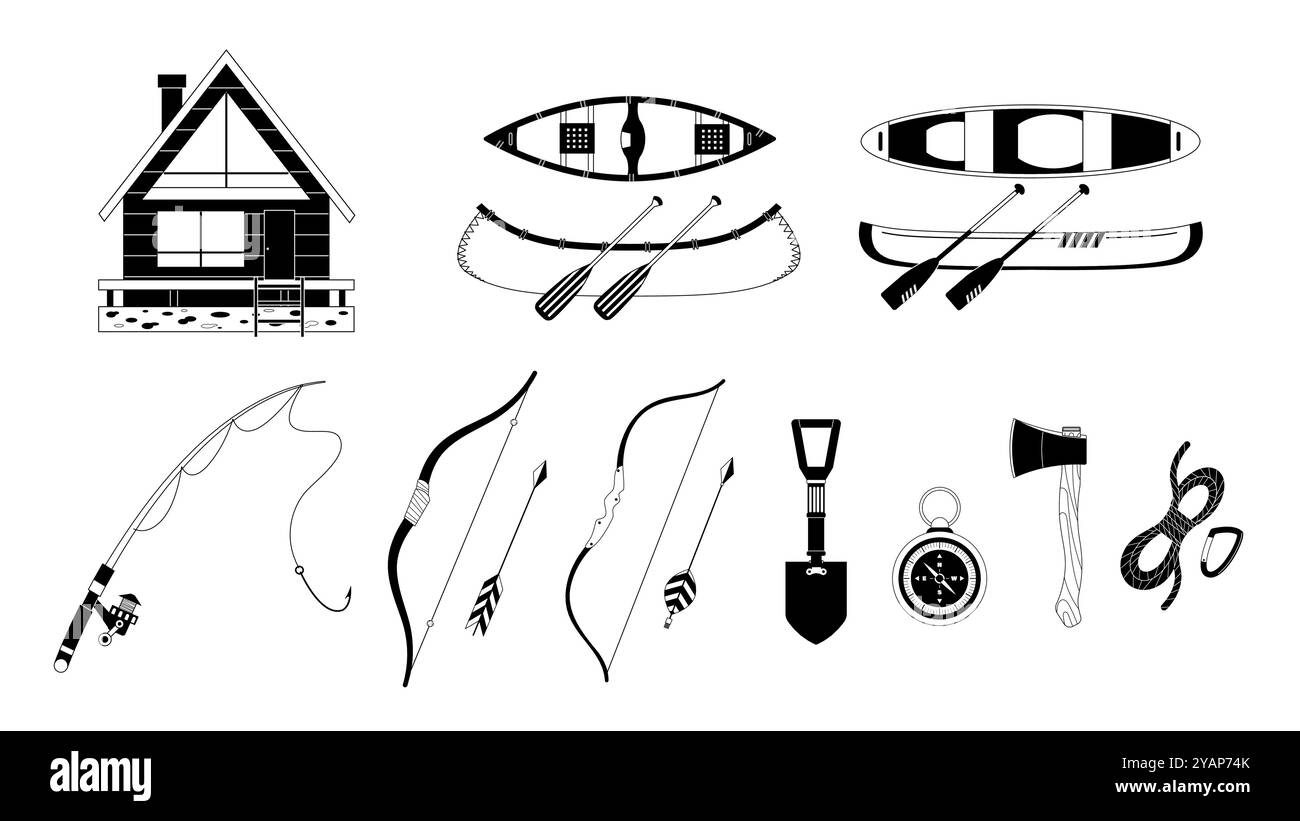 Eine Sammlung von Illustrationselementen mit Holzkabine, Kanu, Angelrute, Bogen und Pfeil sowie anderer Campingausrüstung im monochromen Stil Stock Vektor