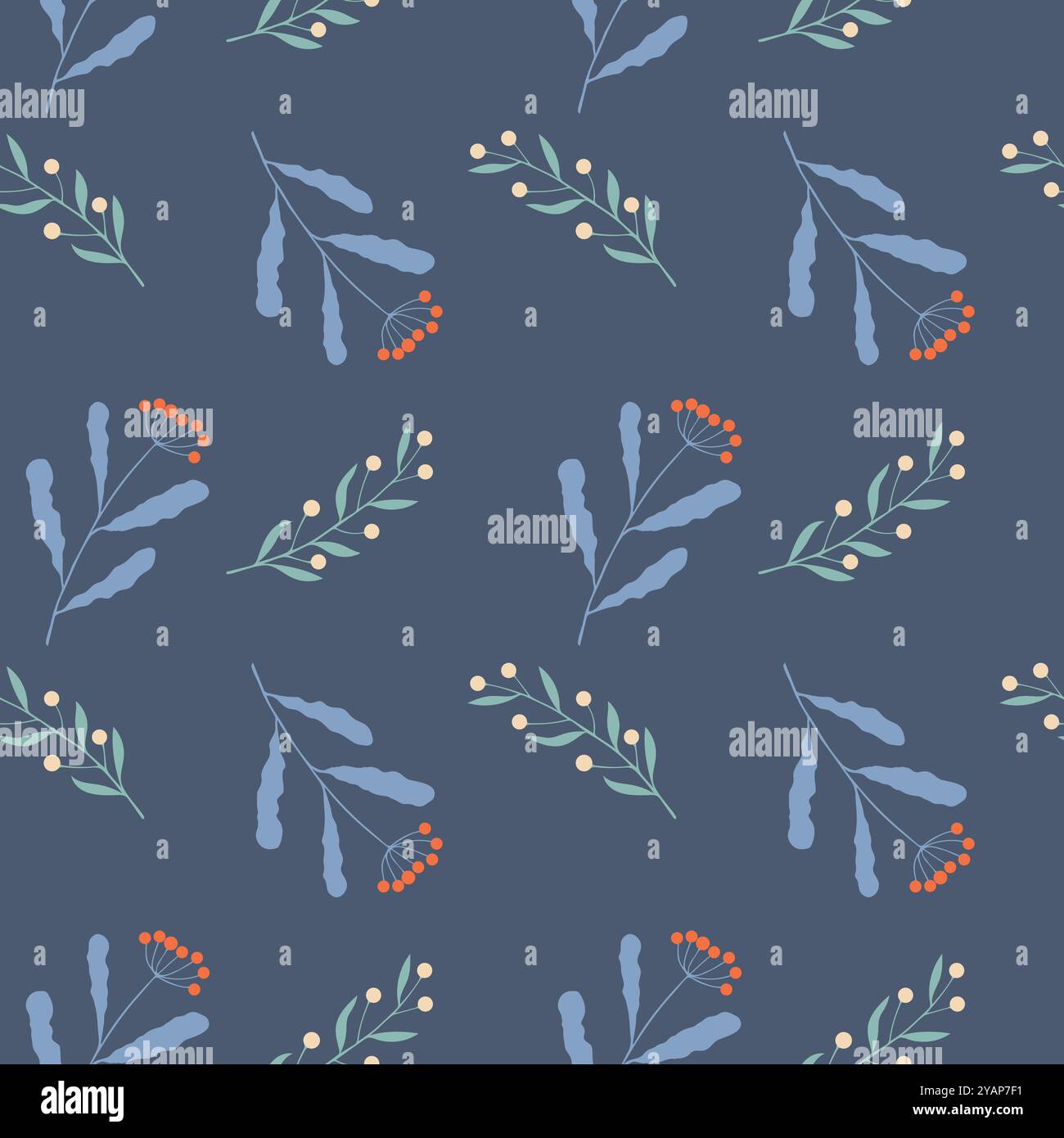 Winterliches Blumenmuster mit Blättern und Beeren auf blauem Hintergrund. Zweige von Hand zeichnen. Vektorabbildung Stock Vektor