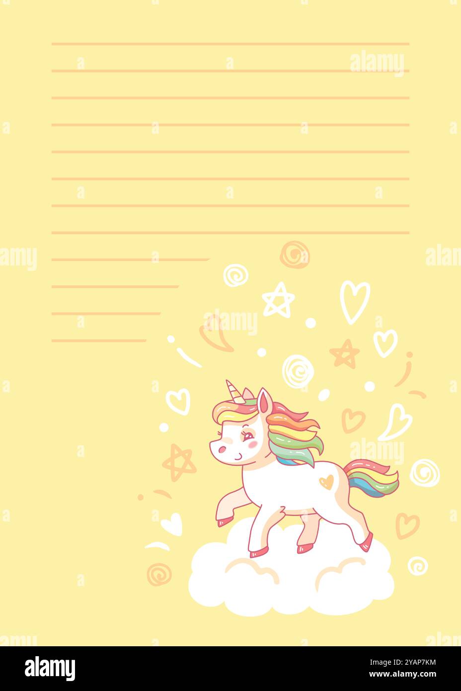 Kawaii Einhorn läuft auf einer Wolke mit gelbem Hintergrund, um Text, Notizen, Listen oder Nachrichten zu schreiben. Vektorabbildung Stock Vektor