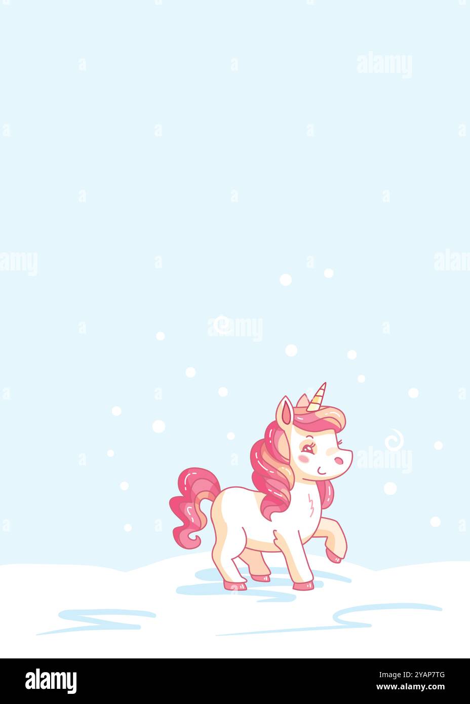 Niedliches Cartoon-Einhorn mit rosa Haaren geht an einem verschneiten Tag auf dem Schnee. Vektorabbildung Stock Vektor