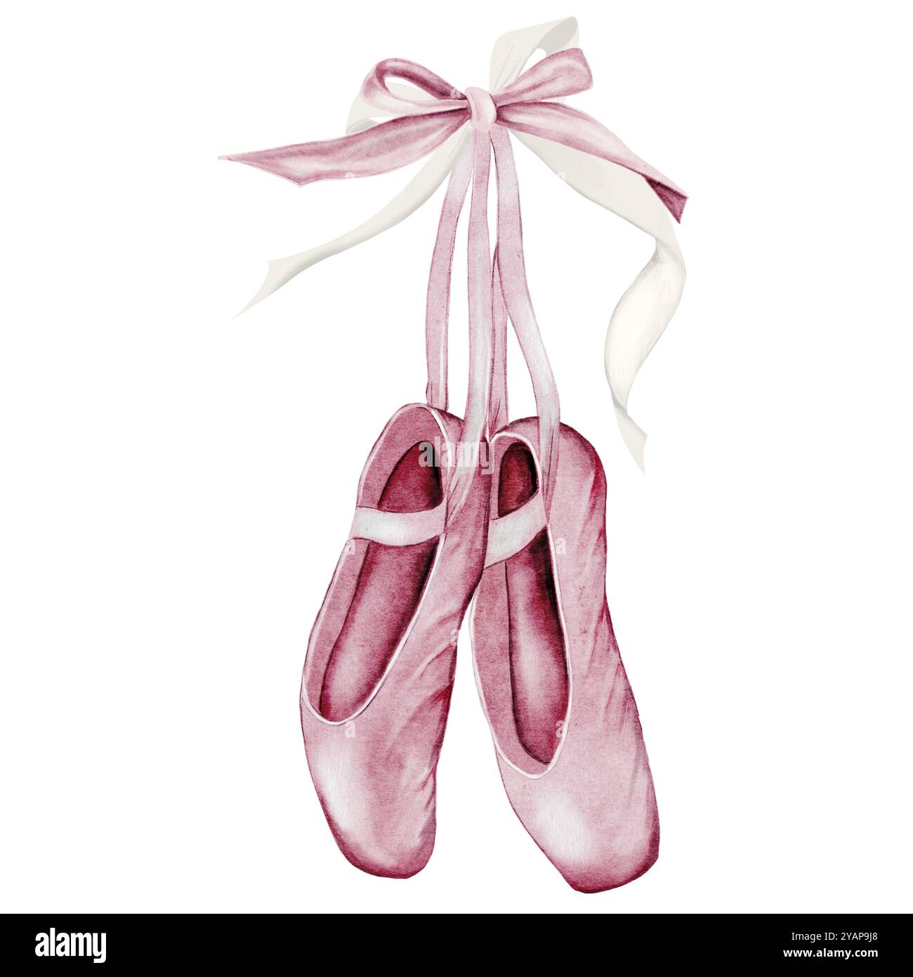 Spitzschuhe in Aquarellfarben. Handgezeichnete pinkfarbene Ballerina-Zubehör-Postkarte auf isoliertem weißem Hintergrund. Clip-Art von eleganten Satin-Ballettschuhen mit Stockfoto