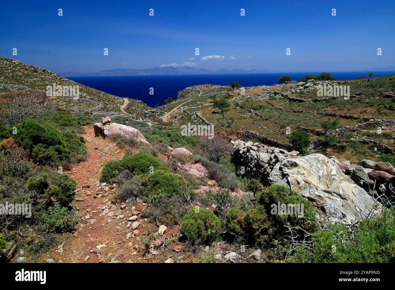 Fußweg nach Pano Meri, Tilos, Dodekanesische Inseln, südliche Ägäis, Griechenland. Stockfoto