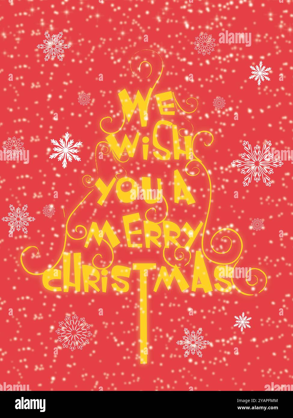 Roter Hintergrund mit Schneeflocken und einem Baum mit den Worten „We Wish you a Merry Christmas“ (Wir wünschen Ihnen ein frohes Weihnachtsfest) Stock Vektor